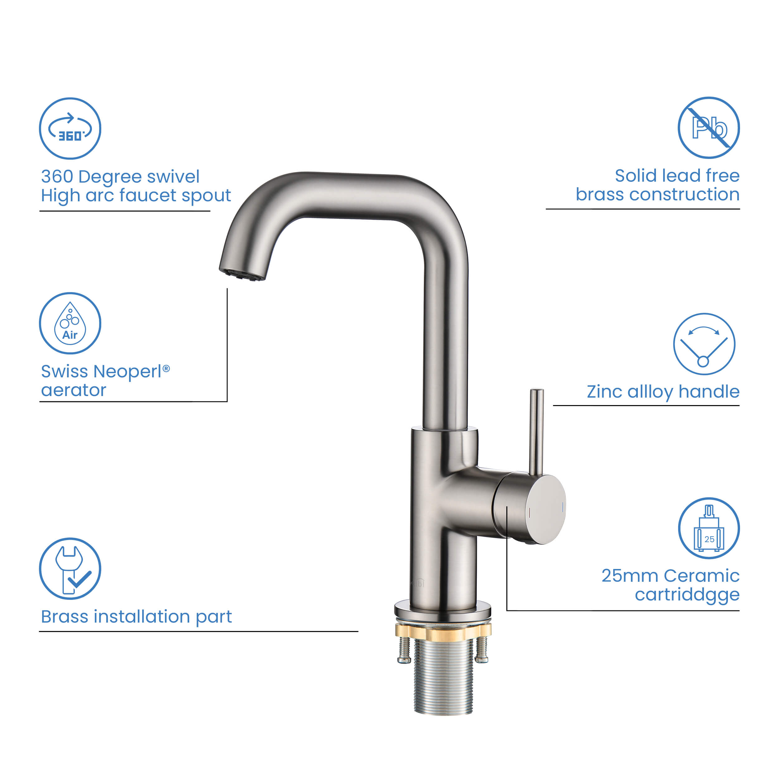 Macon Single Handle High-Arc Bathroom Vanity Sink Faucet - C-KBF1028