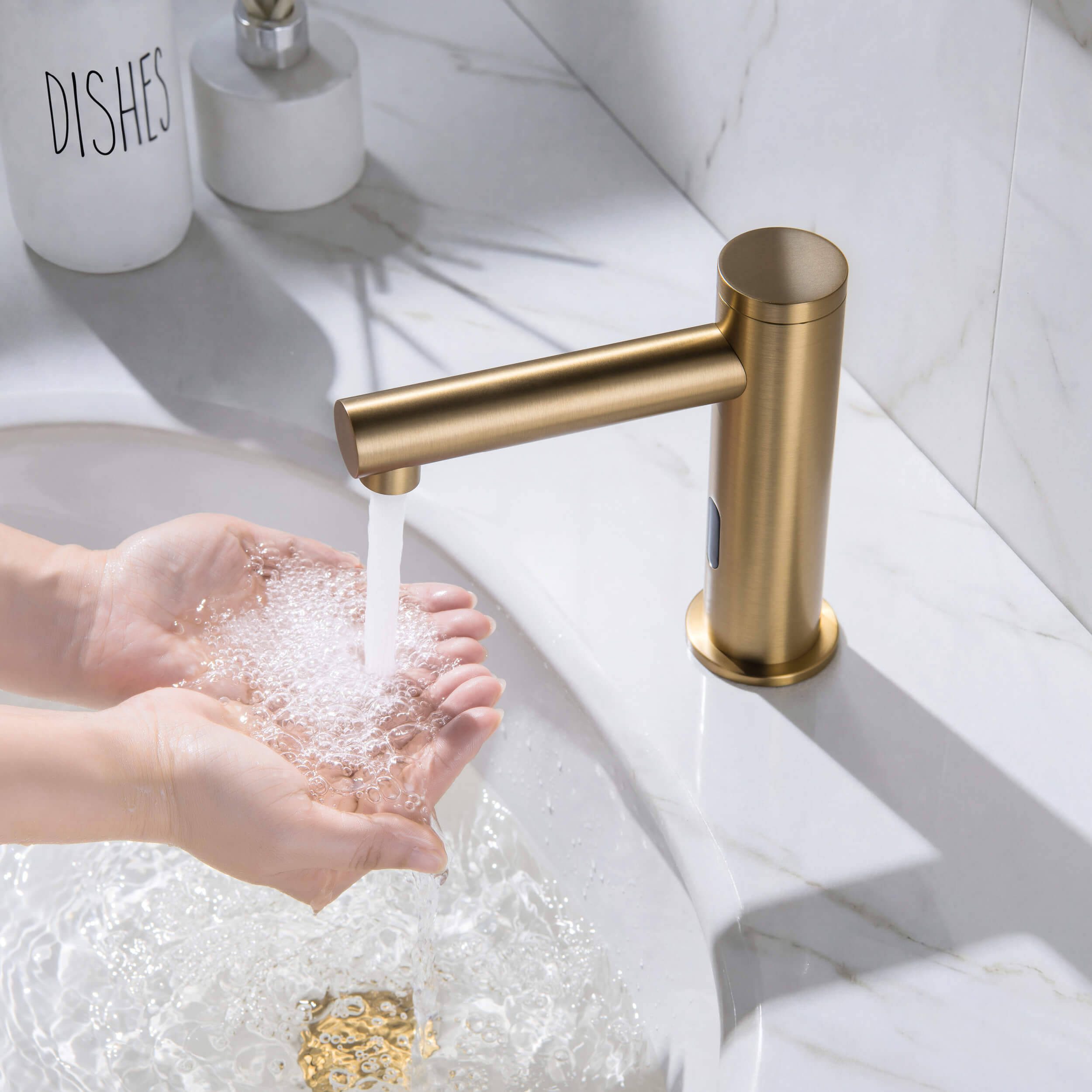 Circular Touchless Bathroom Vanity Sink Faucet with Pop-Up Drain — Plug-In or Battery Powered - C-KBF1029