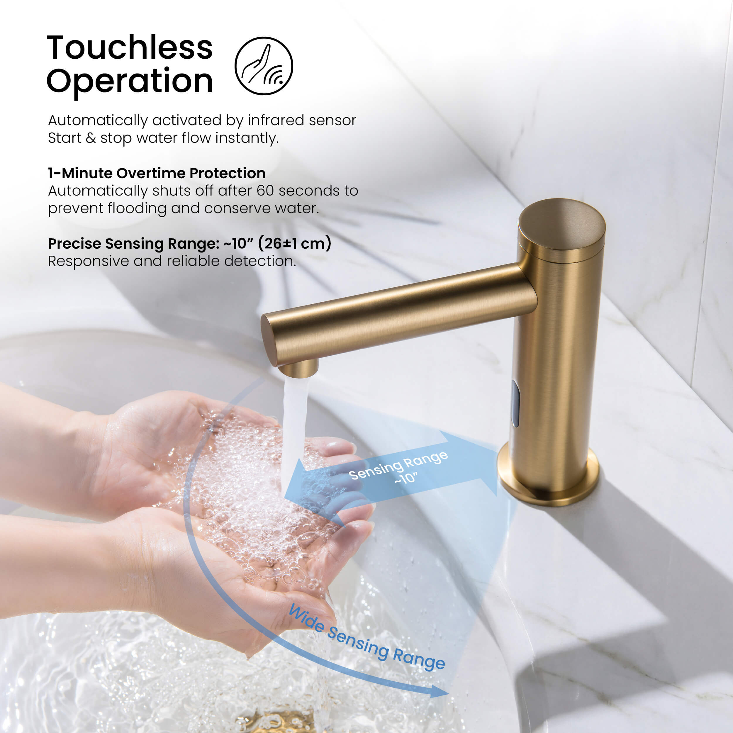 Circular Touchless Bathroom Vanity Sink Faucet with Pop-Up Drain — Plug-In or Battery Powered - C-KBF1029