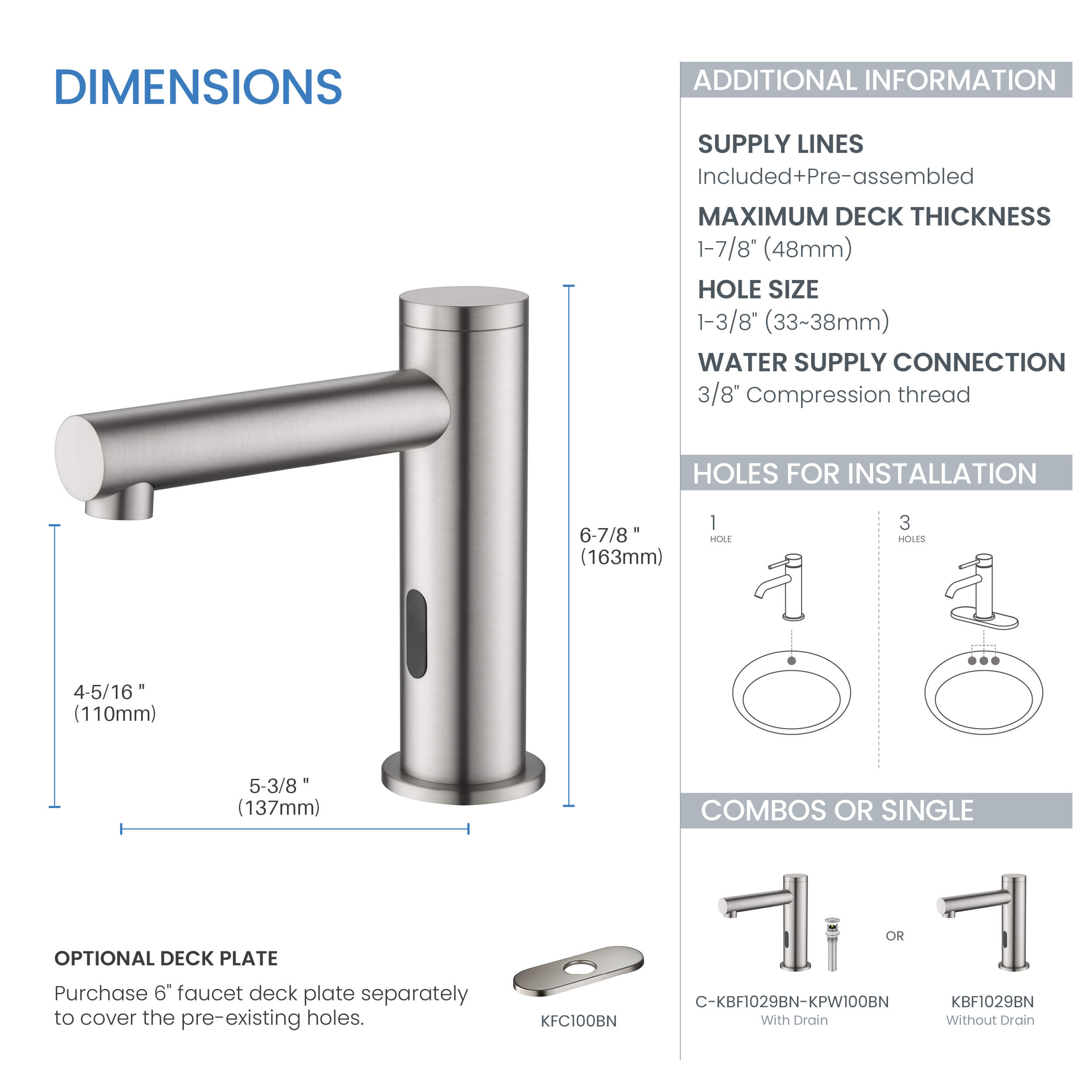 Circular Touchless Bathroom Vanity Sink Faucet with Pop-Up Drain — Plug-In or Battery Powered - C-KBF1029