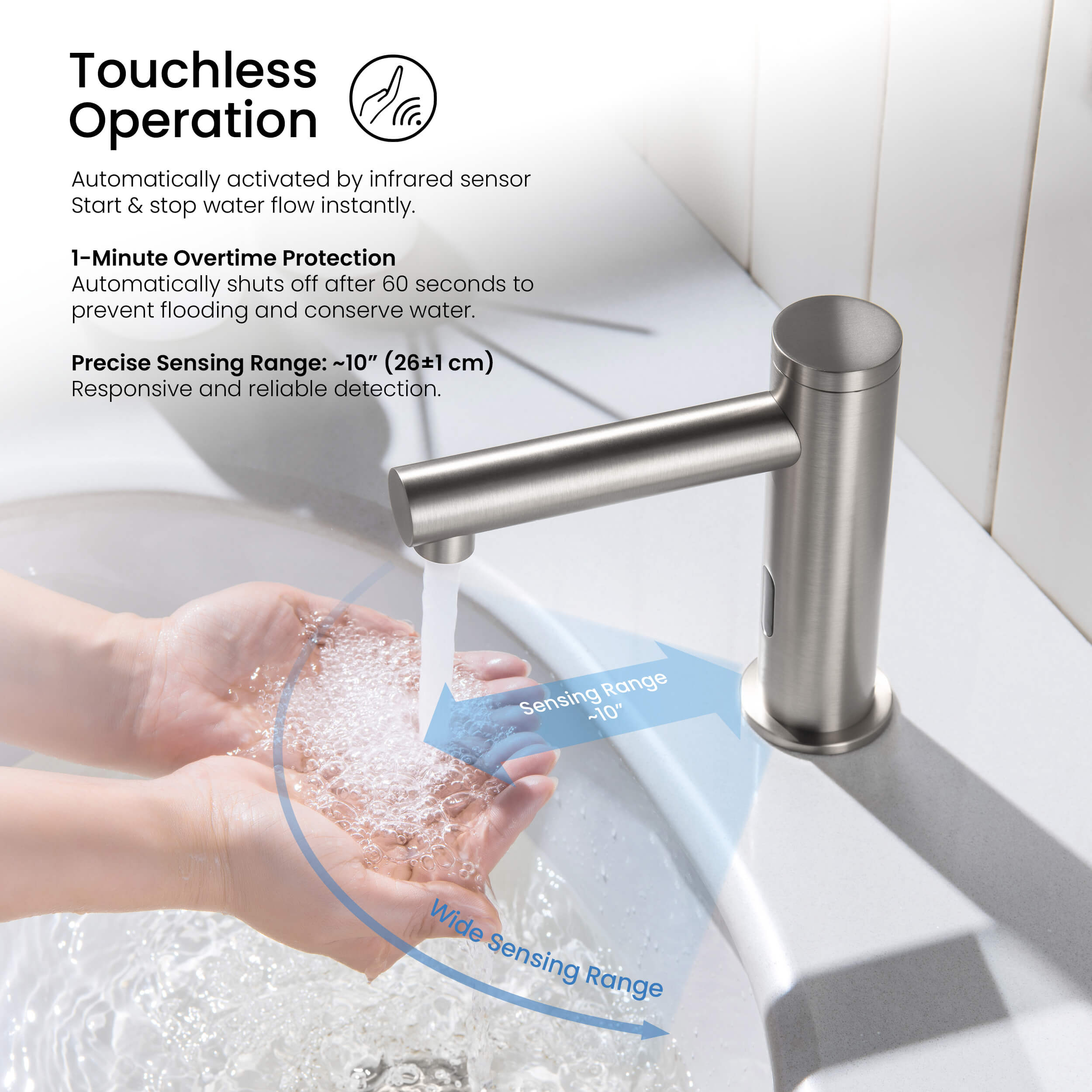 Circular Touchless Bathroom Vanity Sink Faucet with Pop-Up Drain — Plug-In or Battery Powered - C-KBF1029
