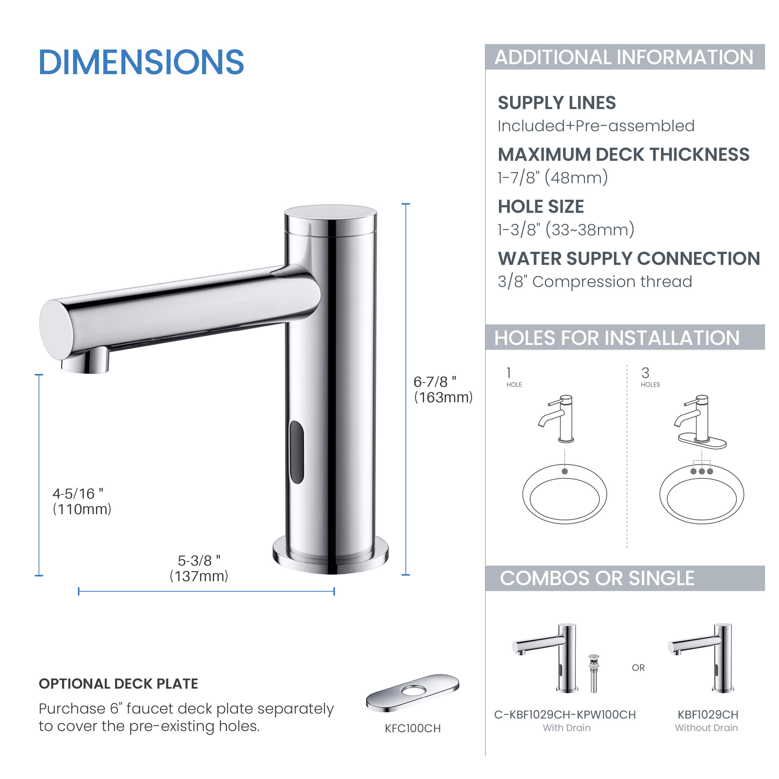 Circular Touchless Bathroom Vanity Sink Faucet with Pop-Up Drain — Plug-In or Battery Powered - C-KBF1029