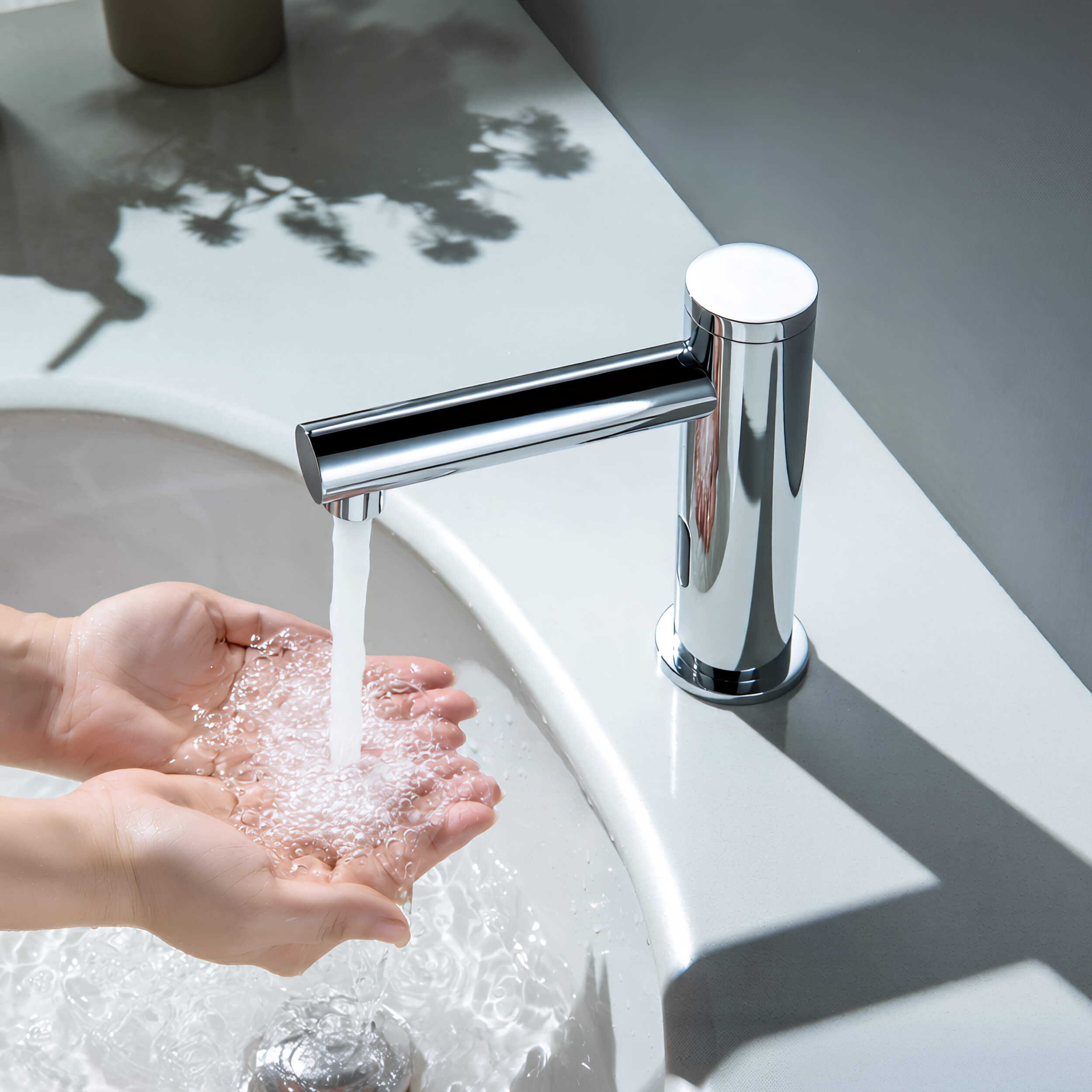 Circular Touchless Bathroom Vanity Sink Faucet with Pop-Up Drain — Plug-In or Battery Powered - C-KBF1029