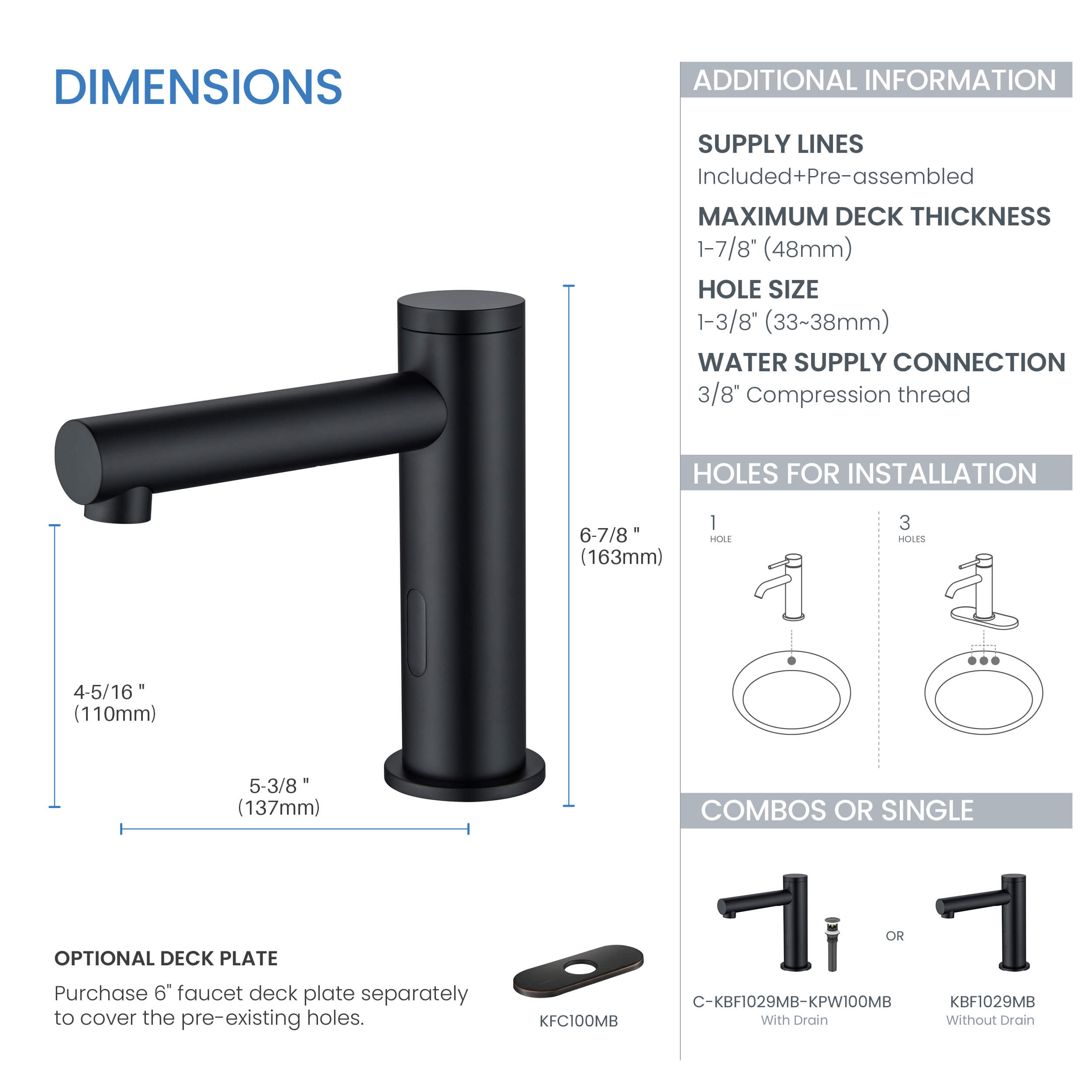 Circular Touchless Bathroom Vanity Sink Faucet with Pop-Up Drain — Plug-In or Battery Powered - C-KBF1029