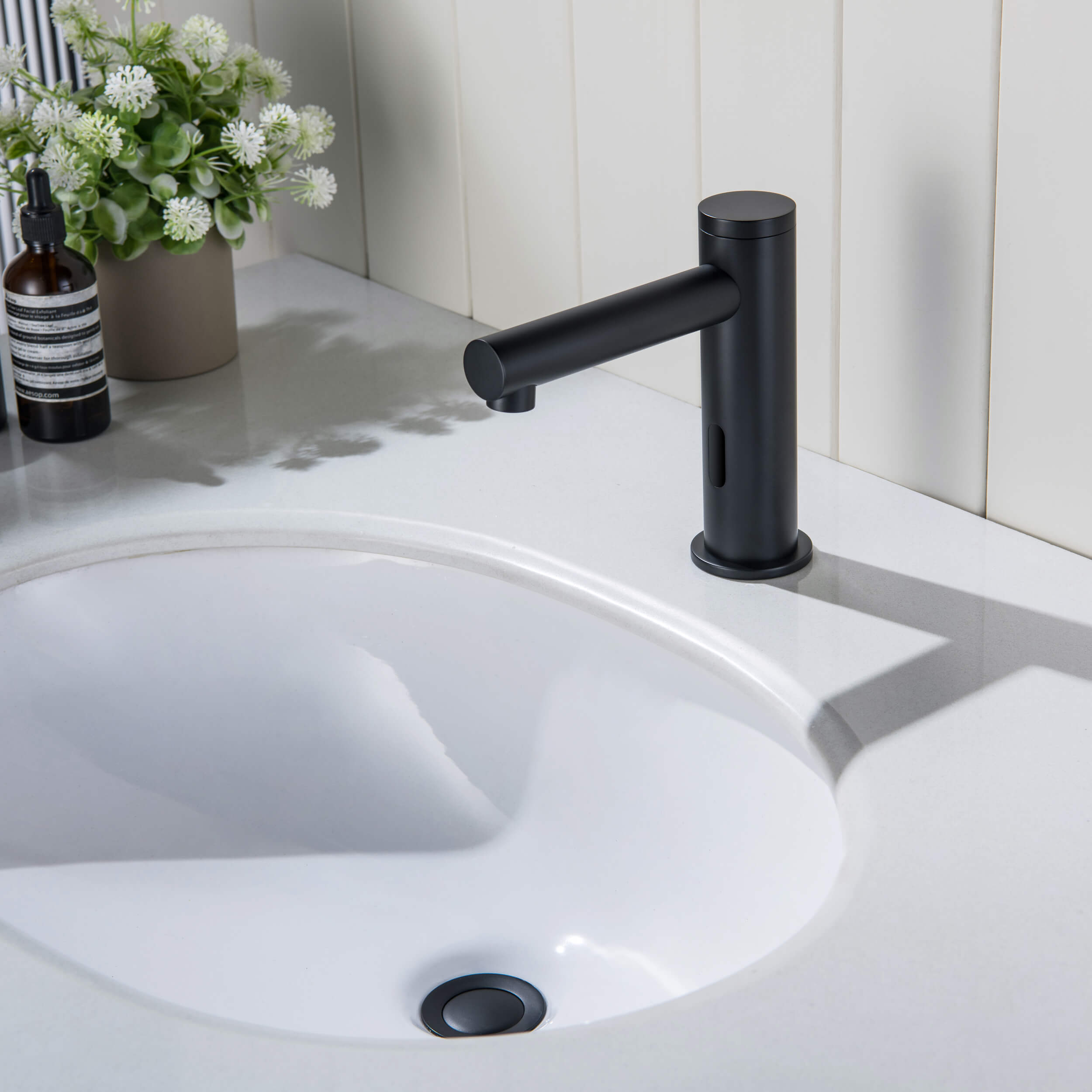 Circular Touchless Bathroom Vanity Sink Faucet with Pop-Up Drain — Plug-In or Battery Powered - C-KBF1029