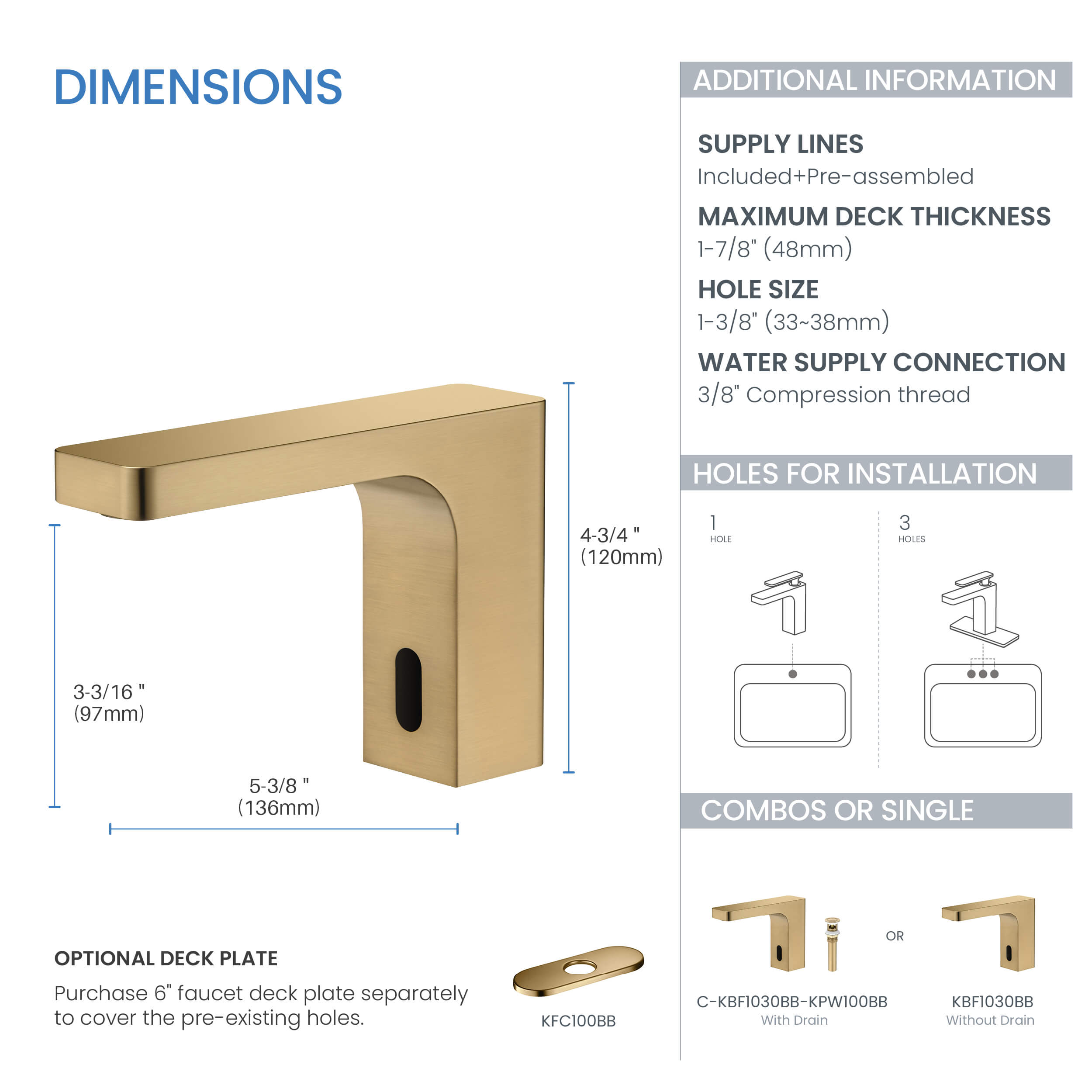Blaze Touchless Bathroom Vanity Sink Faucet with Pop-Up Drain — Plug-In or Battery Powered - C-KBF1030