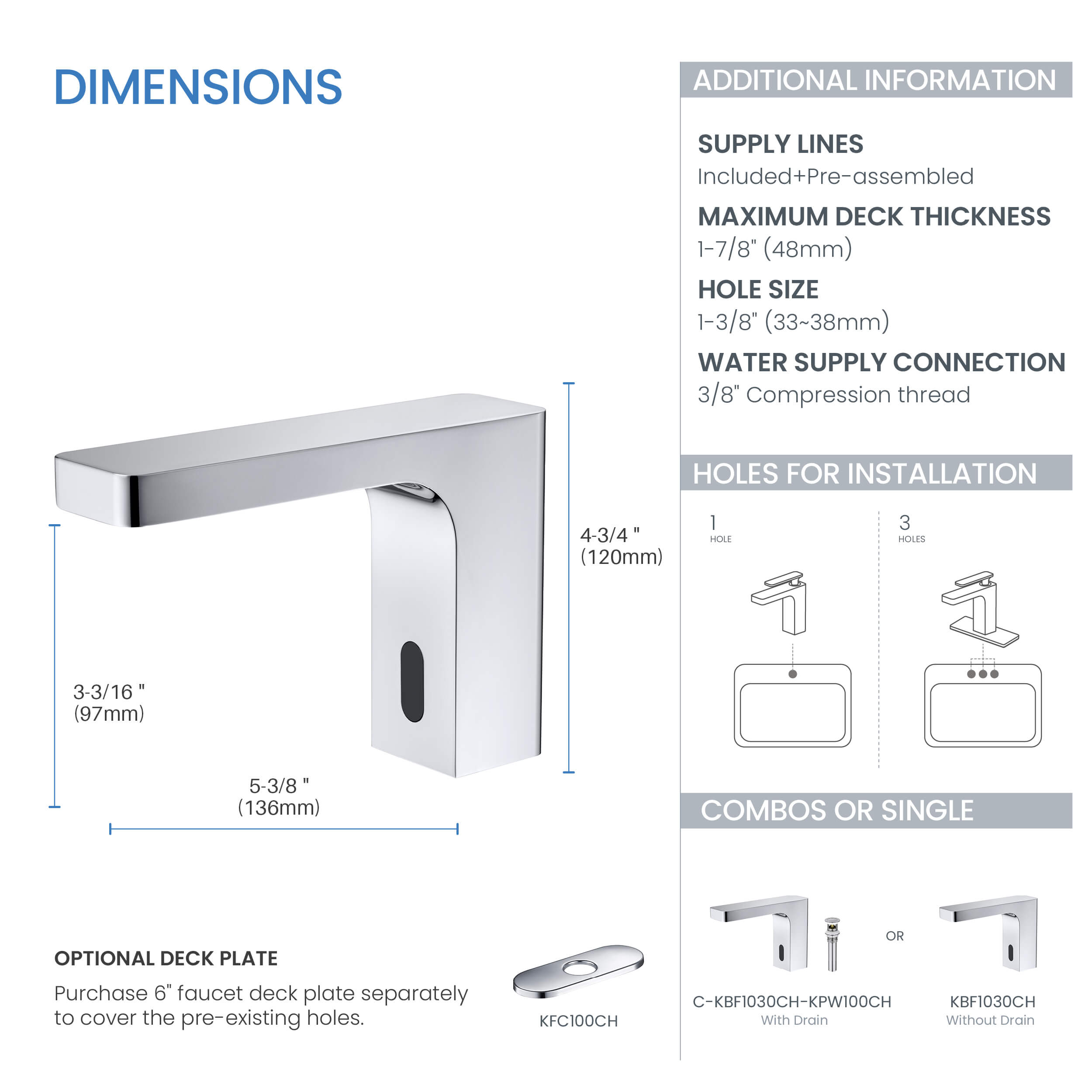 Blaze Touchless Bathroom Vanity Sink Faucet with Pop-Up Drain — Plug-In or Battery Powered - C-KBF1030