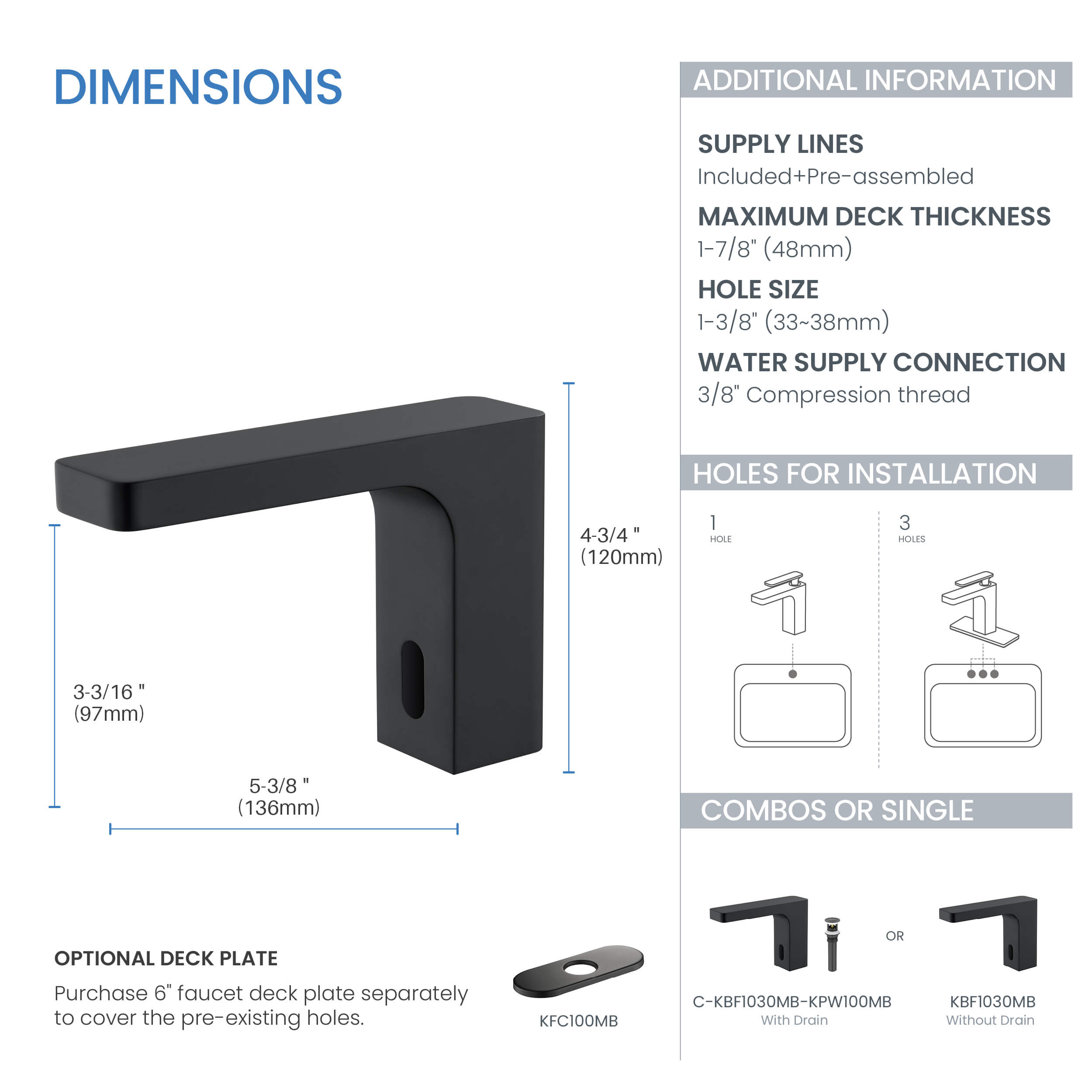 Blaze Touchless Bathroom Vanity Sink Faucet with Pop-Up Drain — Plug-In or Battery Powered - C-KBF1030