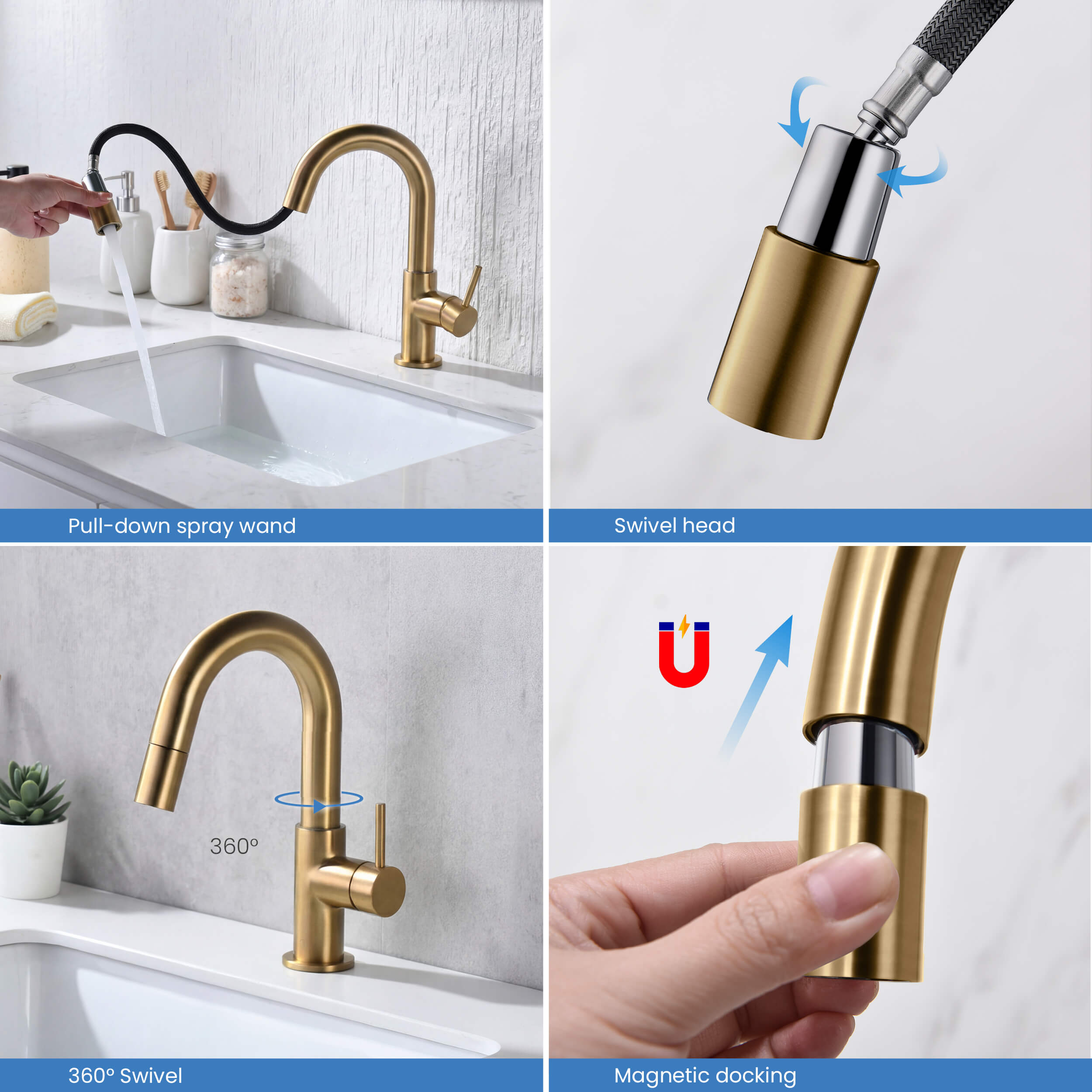 Circular Single Handle High-Arc Pull Down Sprayer Bathroom Vanity Sink Faucet - C-KBF1077