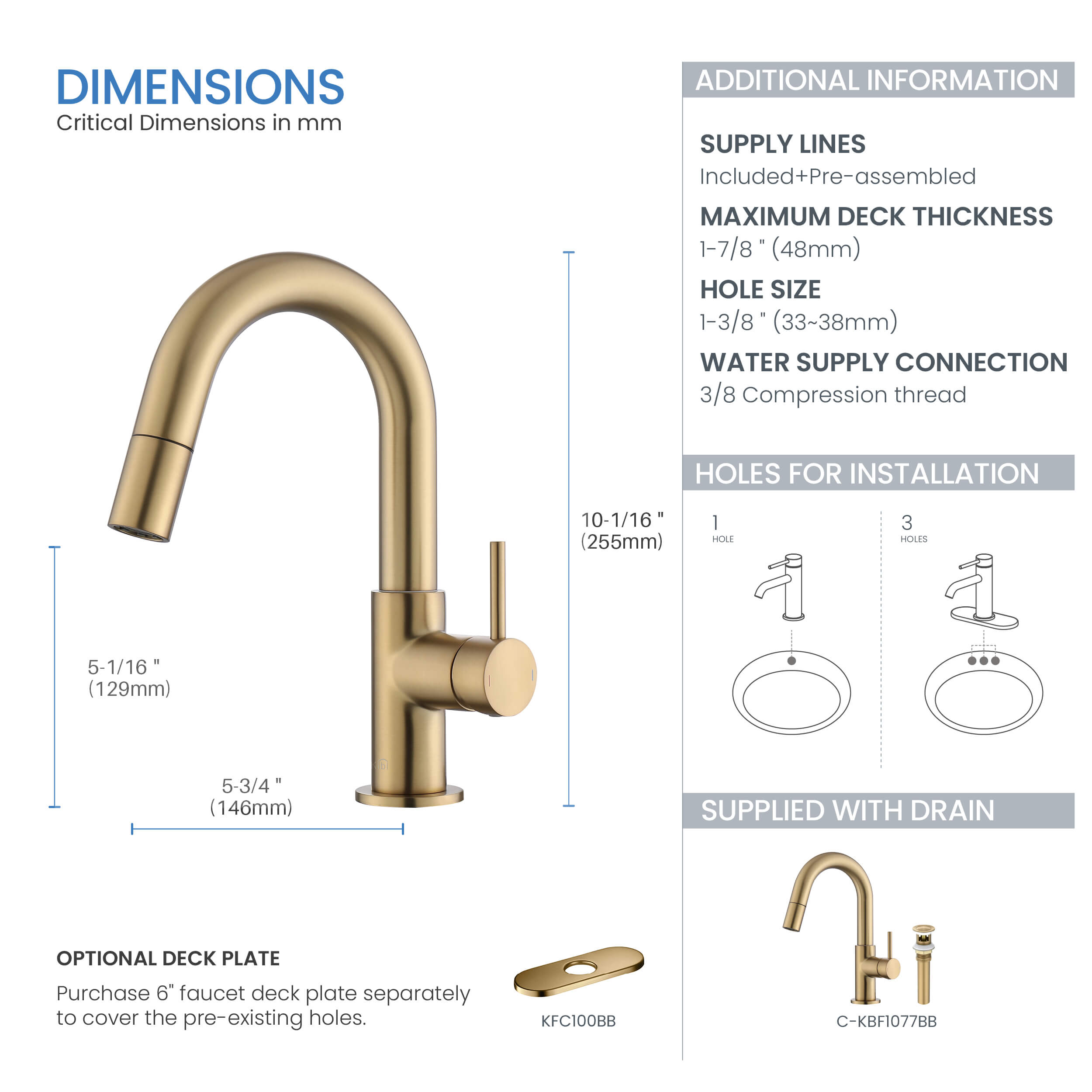 Circular Single Handle High-Arc Pull Down Sprayer Bathroom Vanity Sink Faucet - C-KBF1077