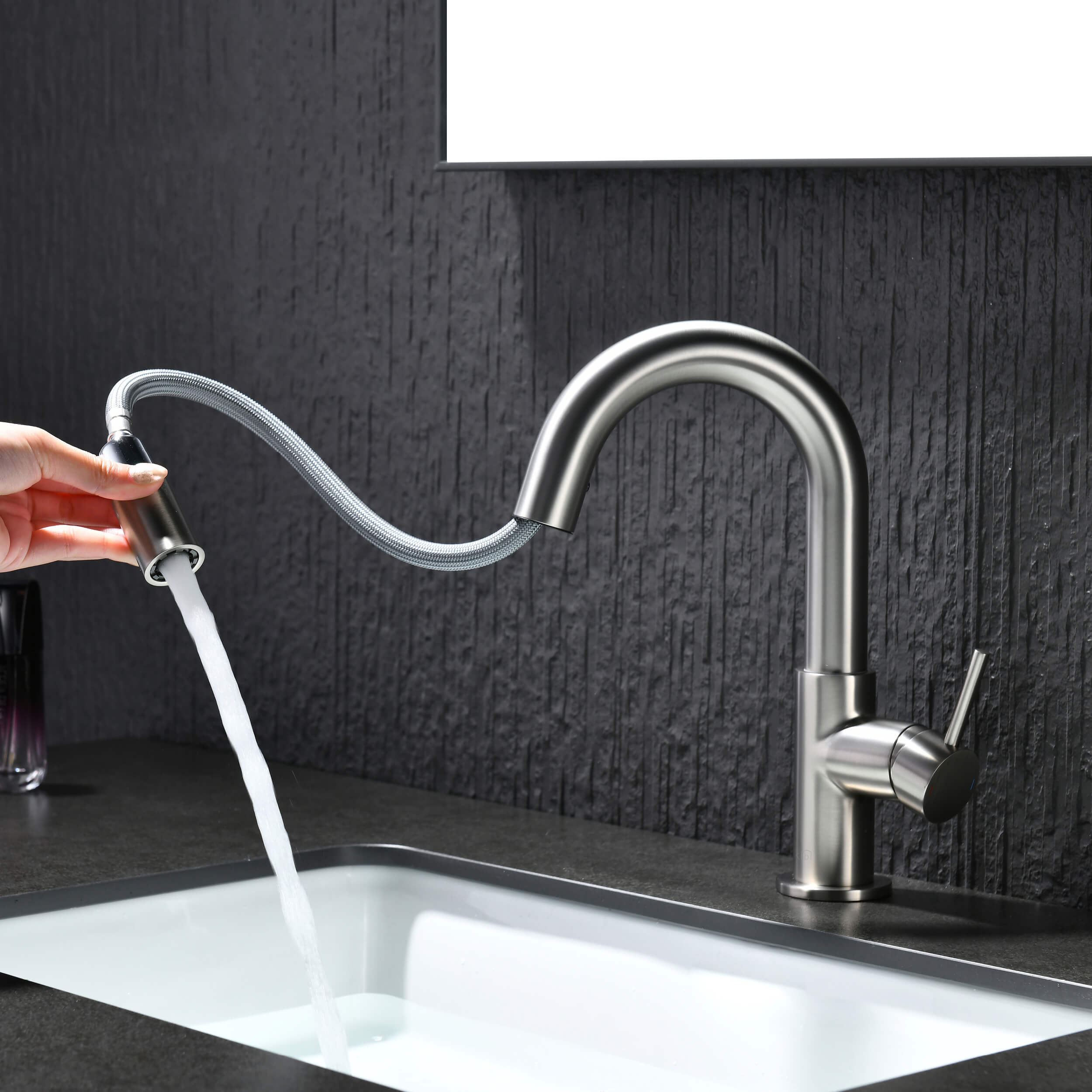 Circular Single Handle High-Arc Pull Down Sprayer Bathroom Vanity Sink Faucet - C-KBF1077