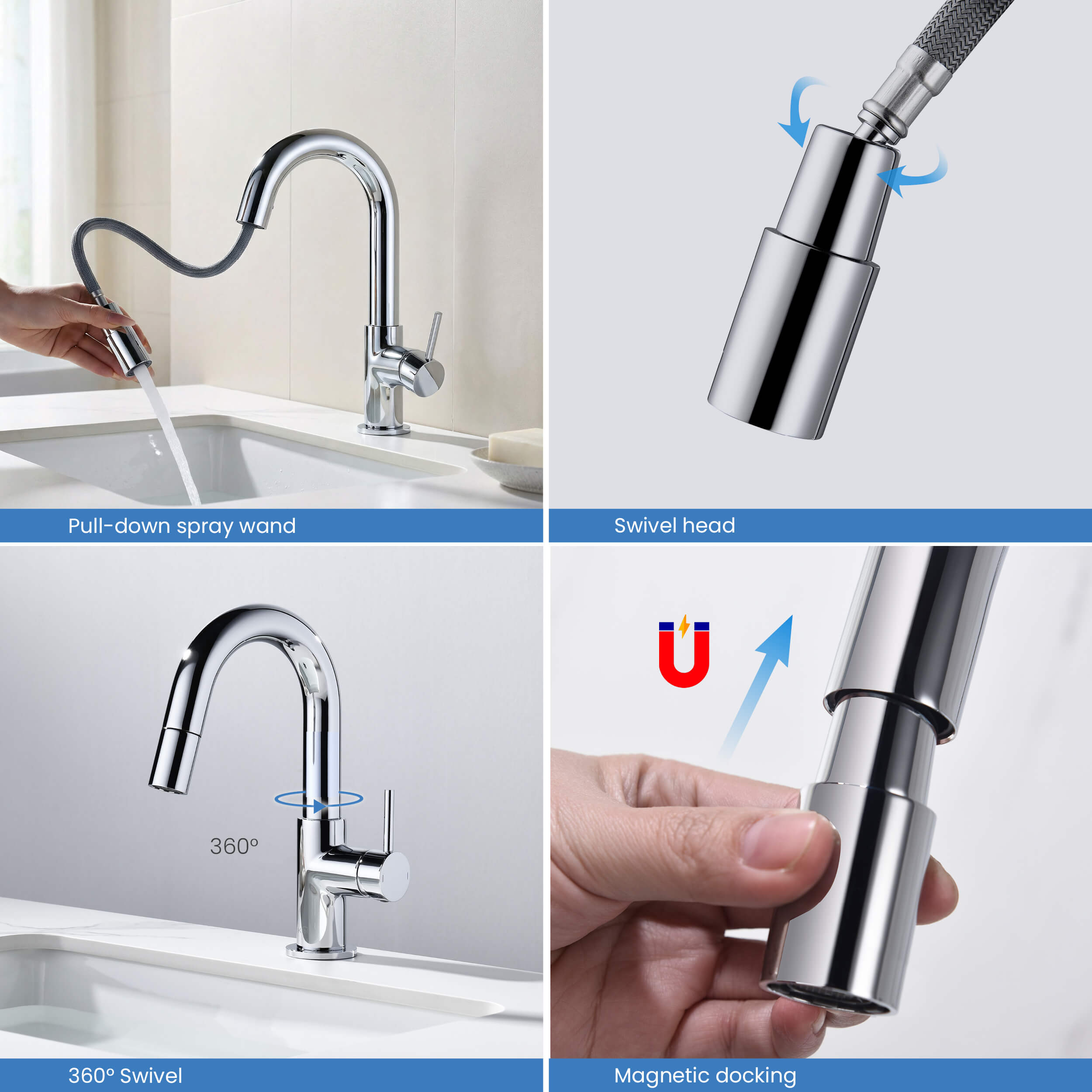 Circular Single Handle High-Arc Pull Down Sprayer Bathroom Vanity Sink Faucet - C-KBF1077