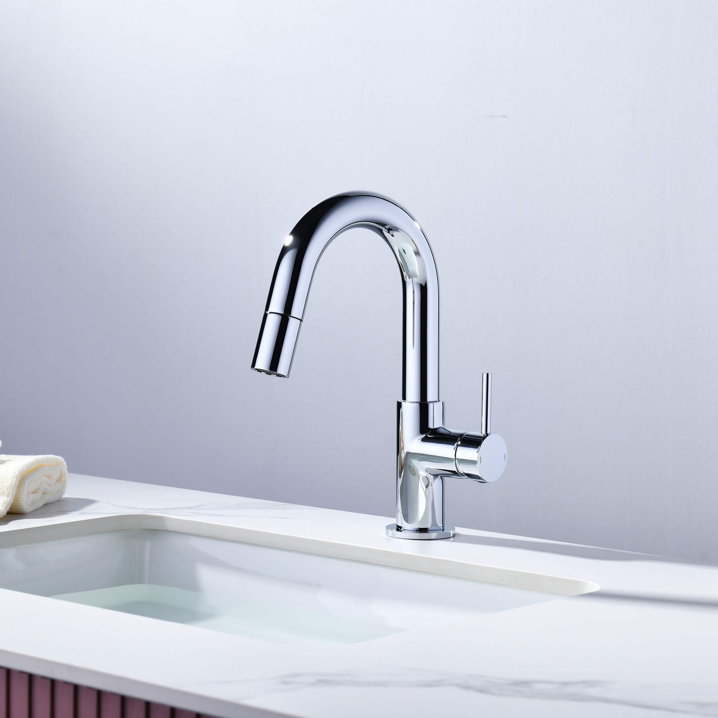 Circular Single Handle High-Arc Pull Down Sprayer Bathroom Vanity Sink Faucet - C-KBF1077