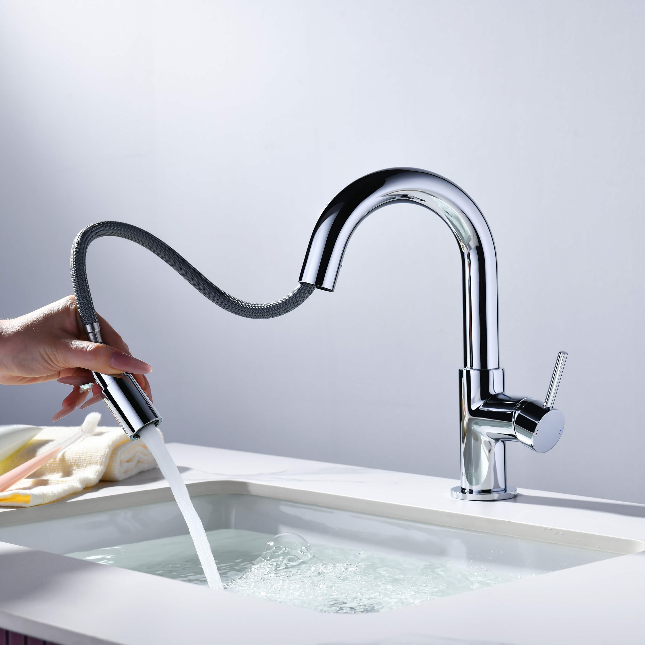 Circular Single Handle High-Arc Pull Down Sprayer Bathroom Vanity Sink Faucet - C-KBF1077