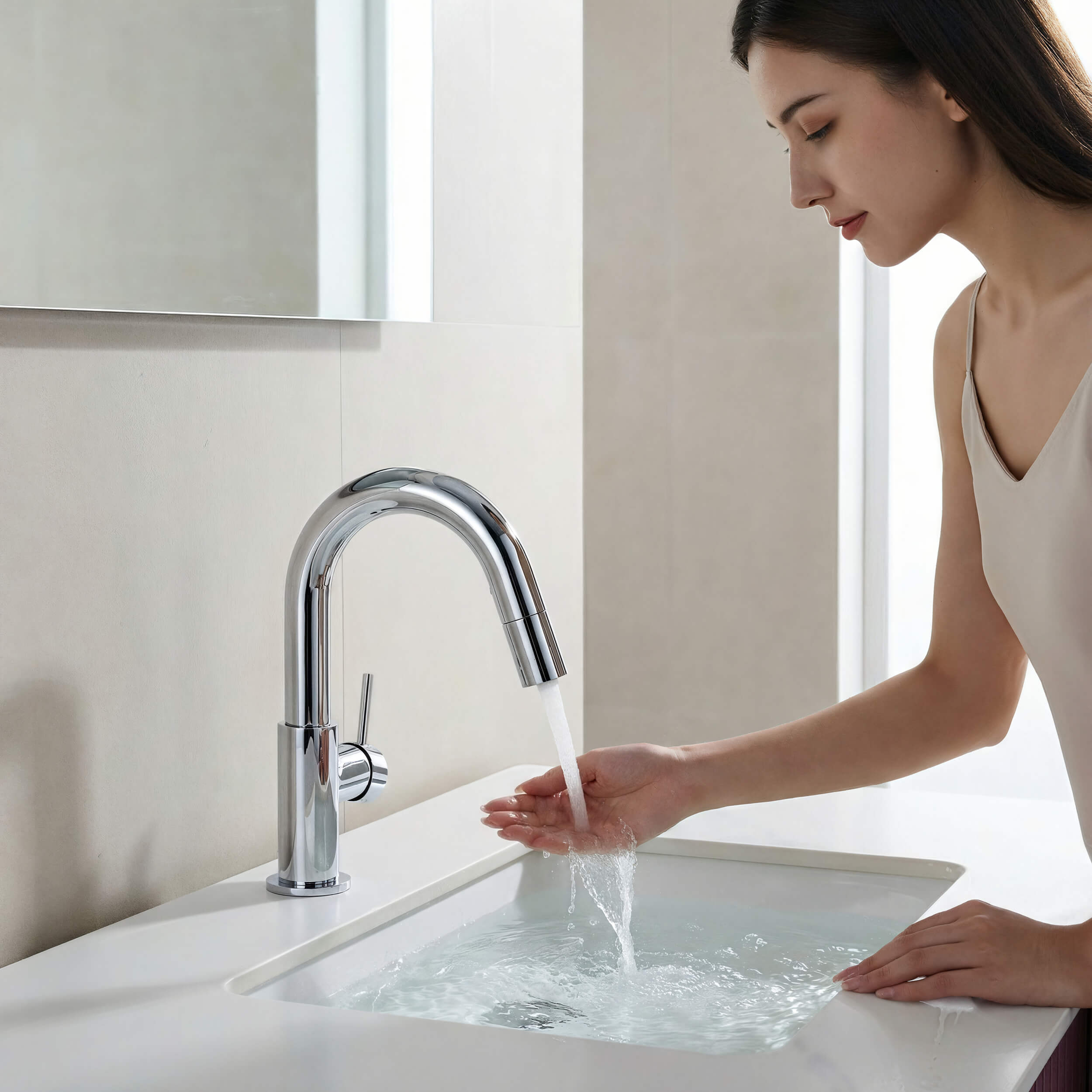 Circular Single Handle High-Arc Pull Down Sprayer Bathroom Vanity Sink Faucet - C-KBF1077