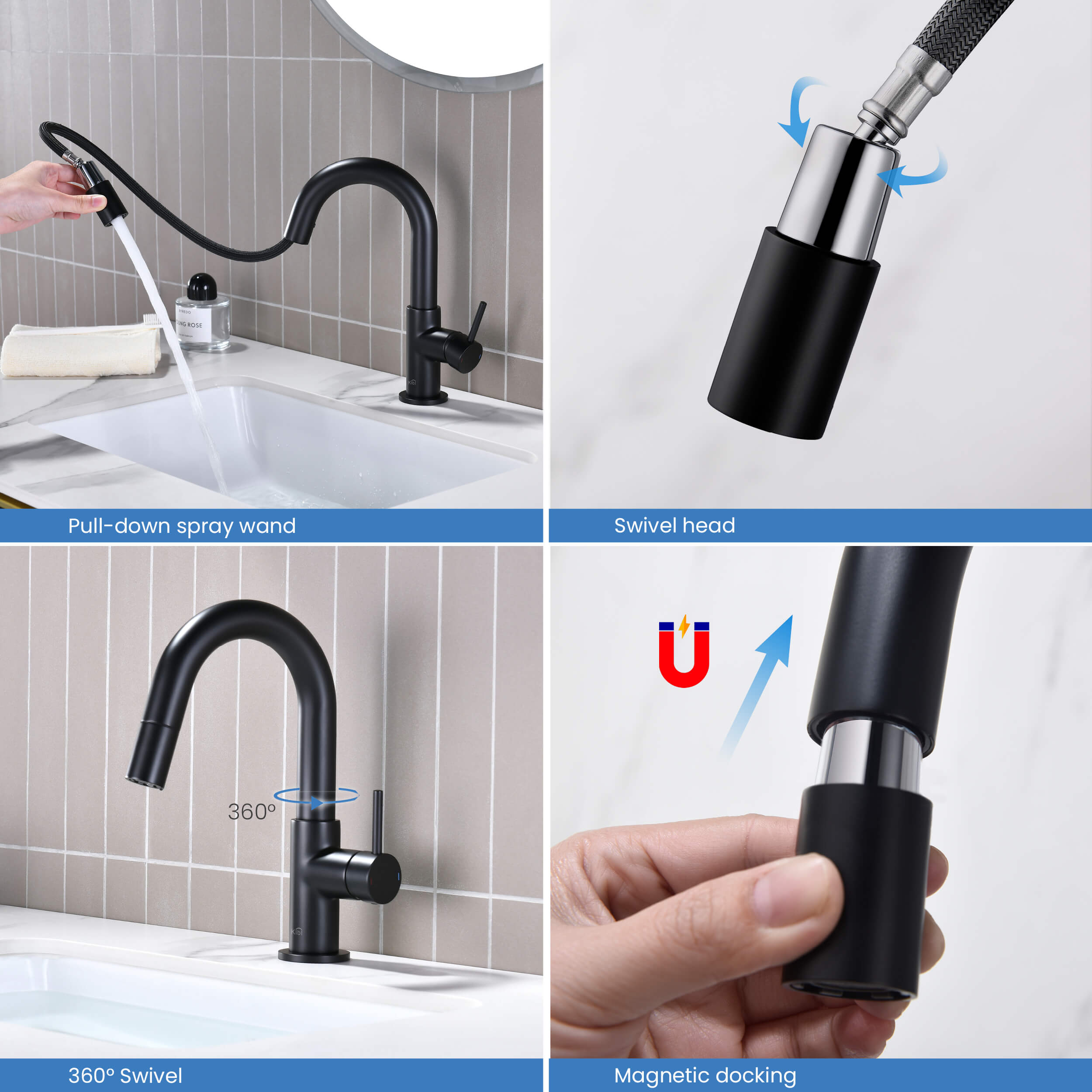 Circular Single Handle High-Arc Pull Down Sprayer Bathroom Vanity Sink Faucet - C-KBF1077