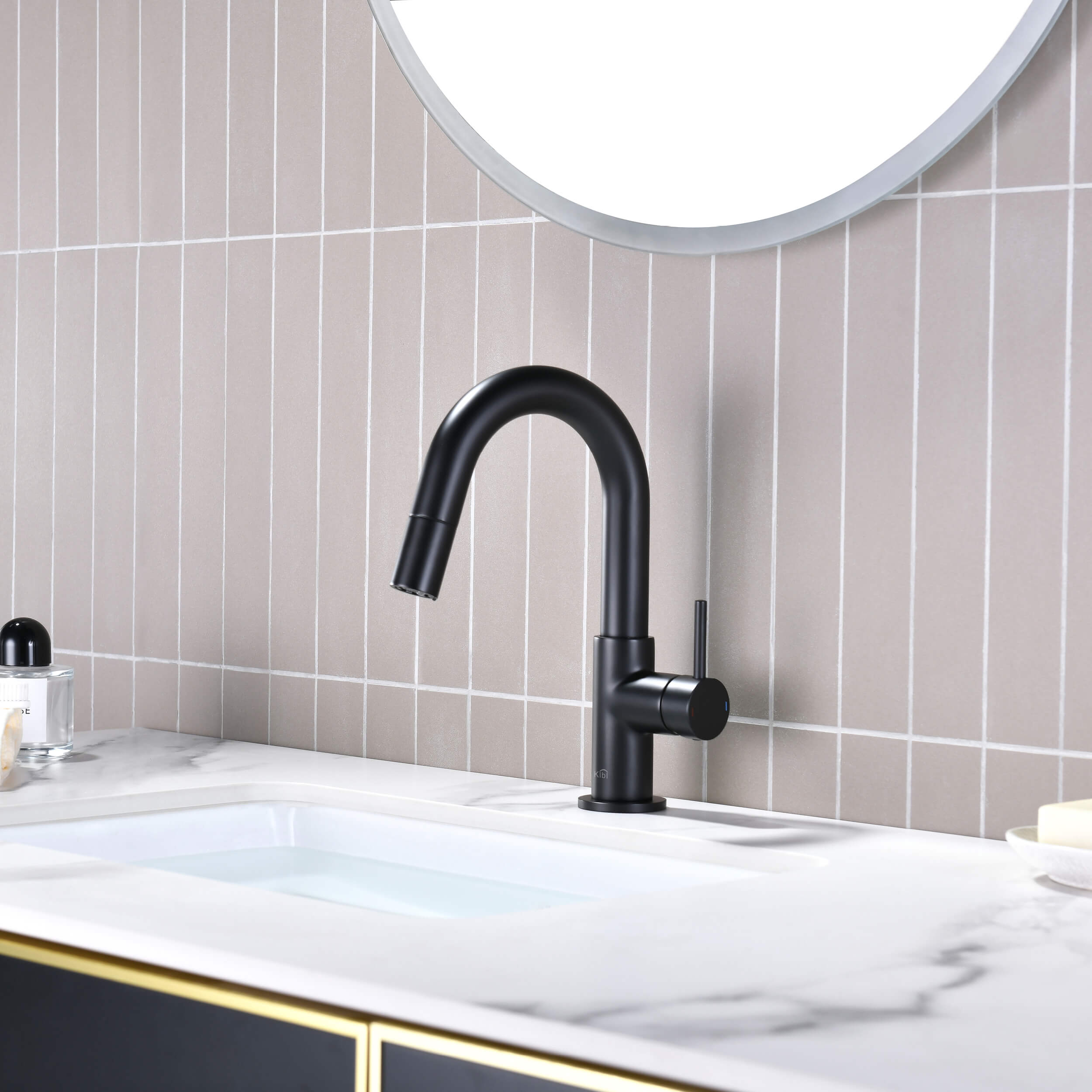 Circular Single Handle High-Arc Pull Down Sprayer Bathroom Vanity Sink Faucet - C-KBF1077