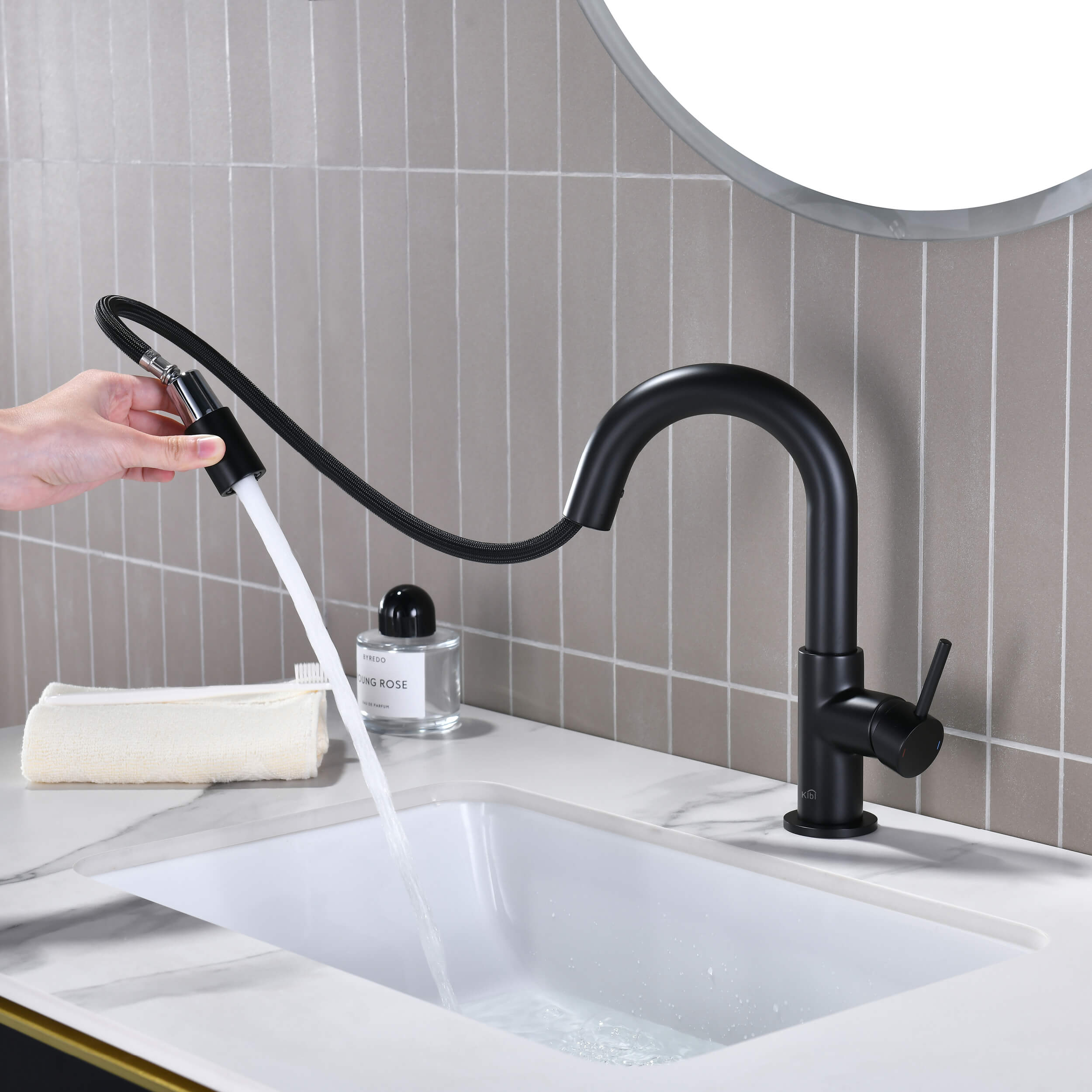 Circular Single Handle High-Arc Pull Down Sprayer Bathroom Vanity Sink Faucet - C-KBF1077