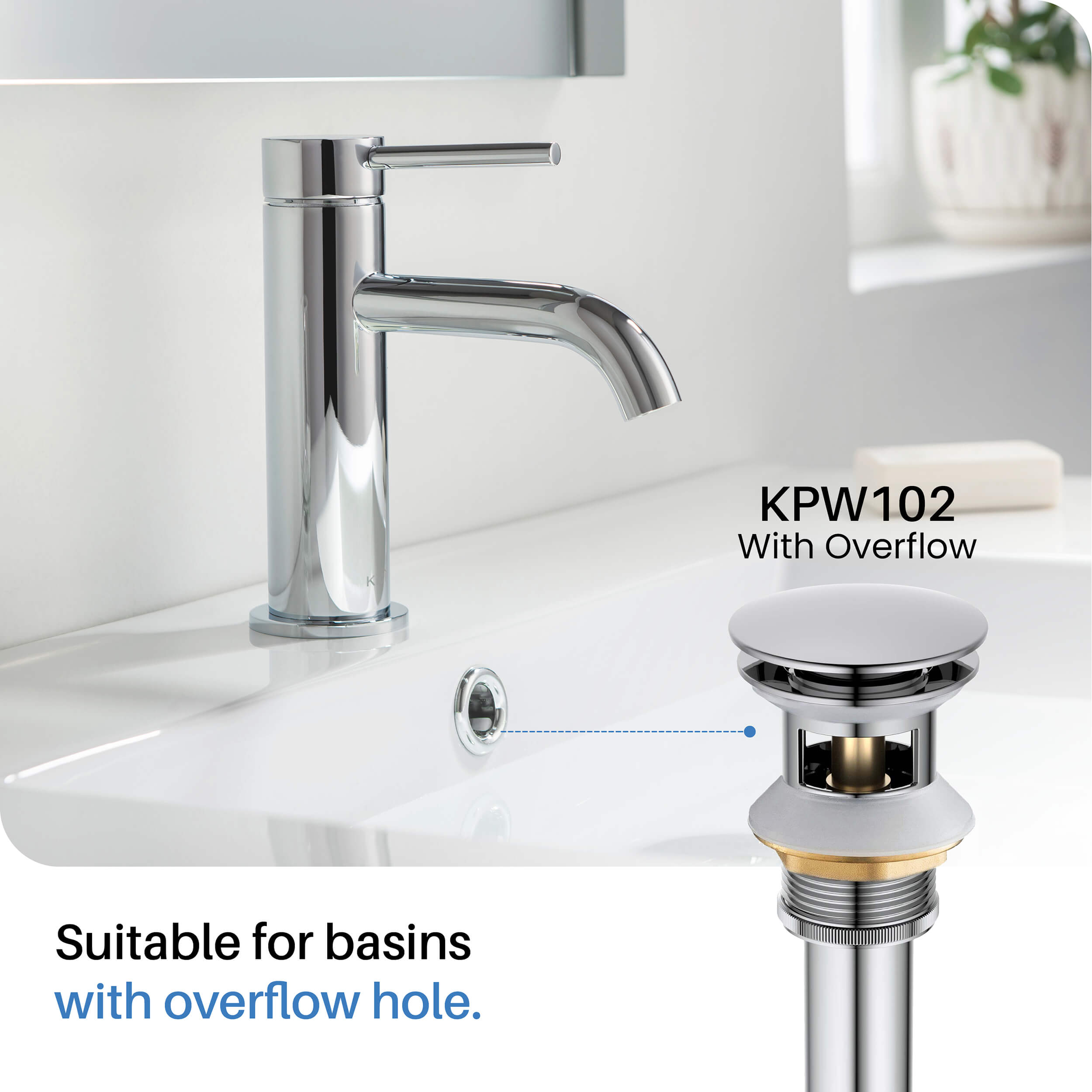 Pop Up Drain Stopper for Bathroom with Overflow KPW102