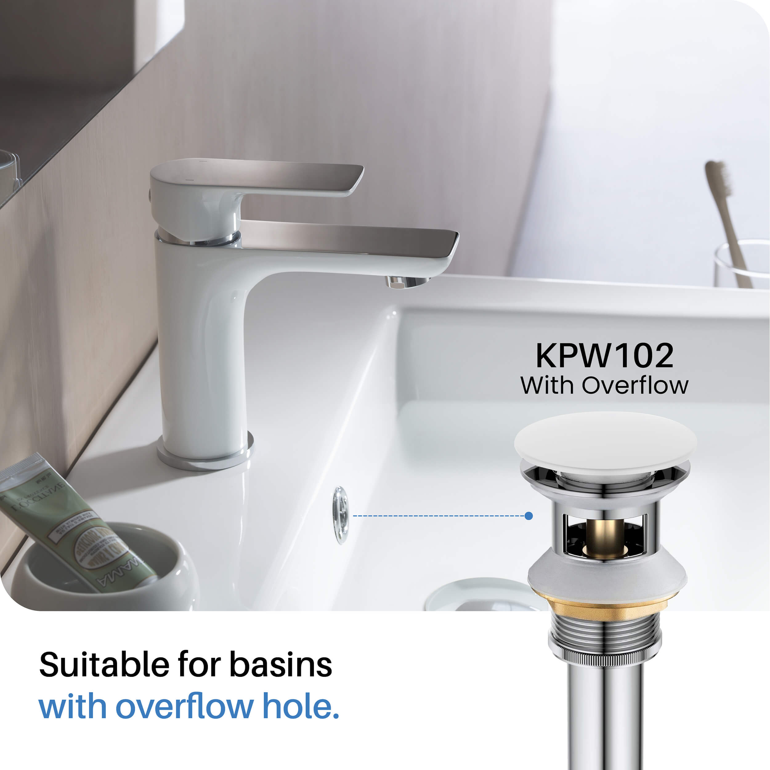 Pop Up Drain Stopper for Bathroom with Overflow KPW102