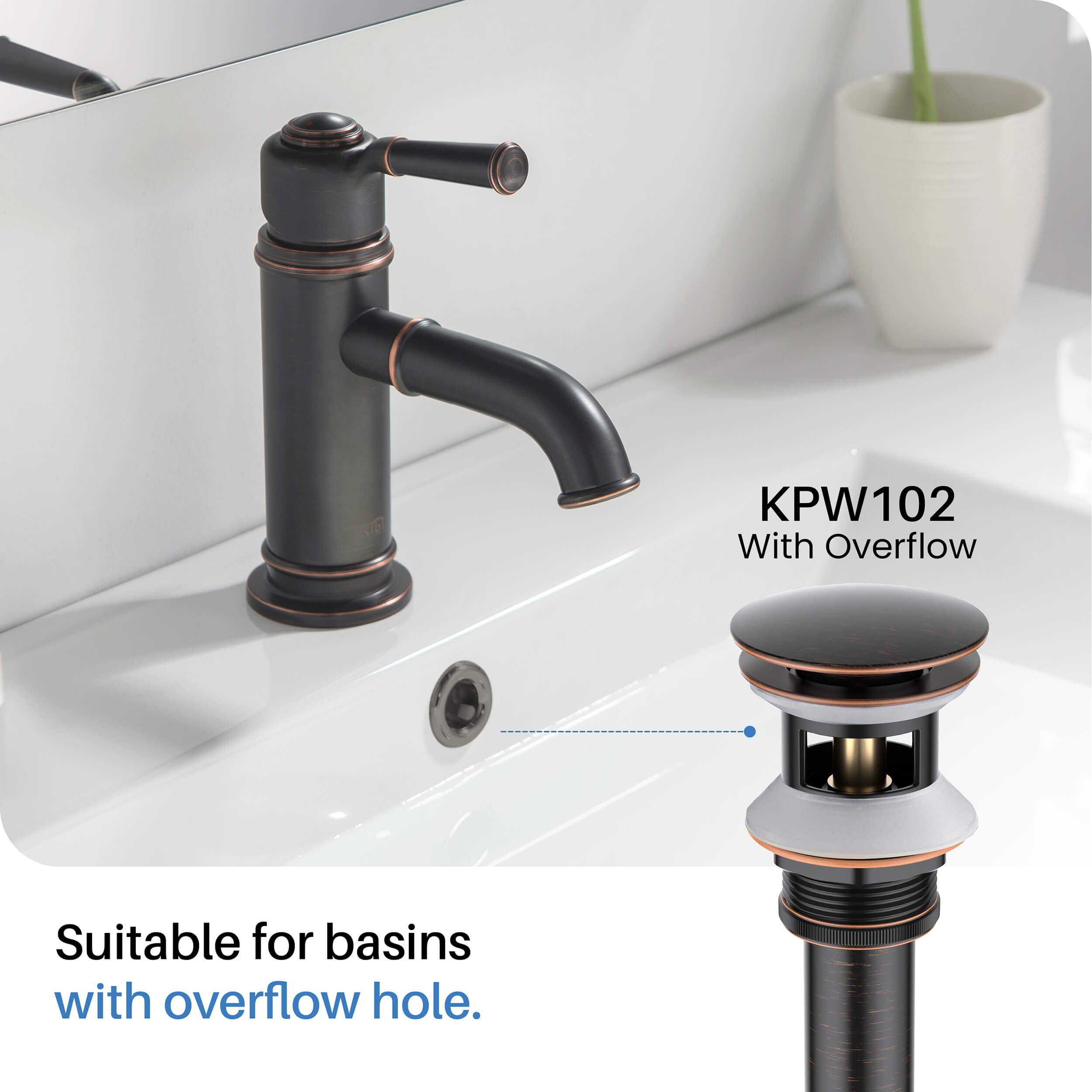 Pop Up Drain Stopper for Bathroom with Overflow KPW102