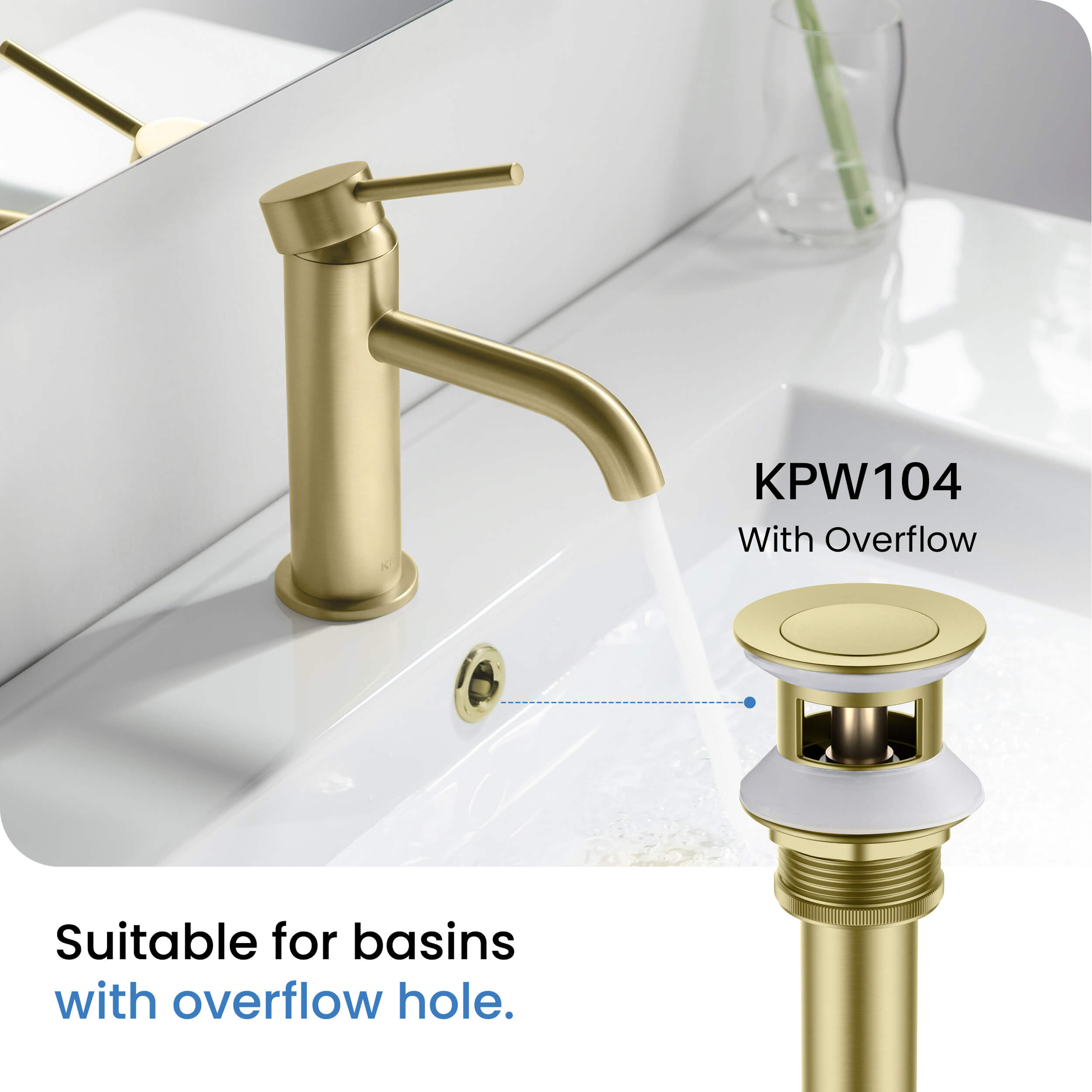 Bathroom Sink Pop Up Drain Stopper with 12" tailpiece, with Overflow KPW104