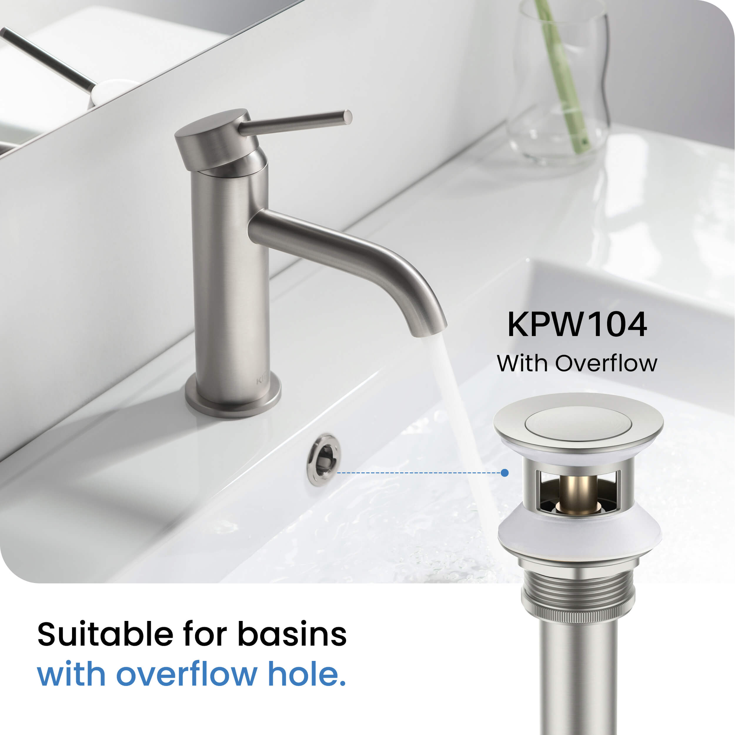 Bathroom Sink Pop Up Drain Stopper with 12" tailpiece, with Overflow KPW104