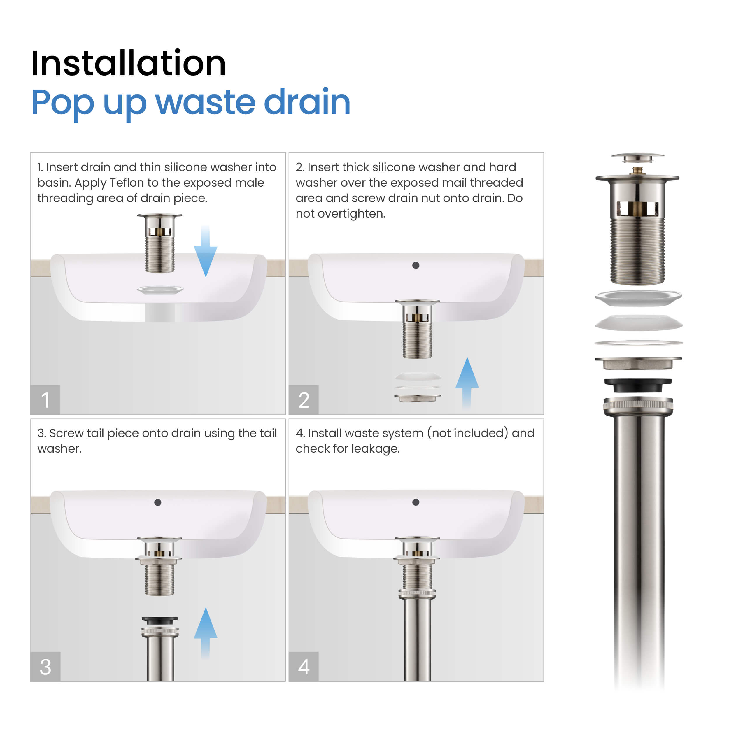 Bathroom Sink Pop Up Drain Stopper with 12" tailpiece, with Overflow KPW104