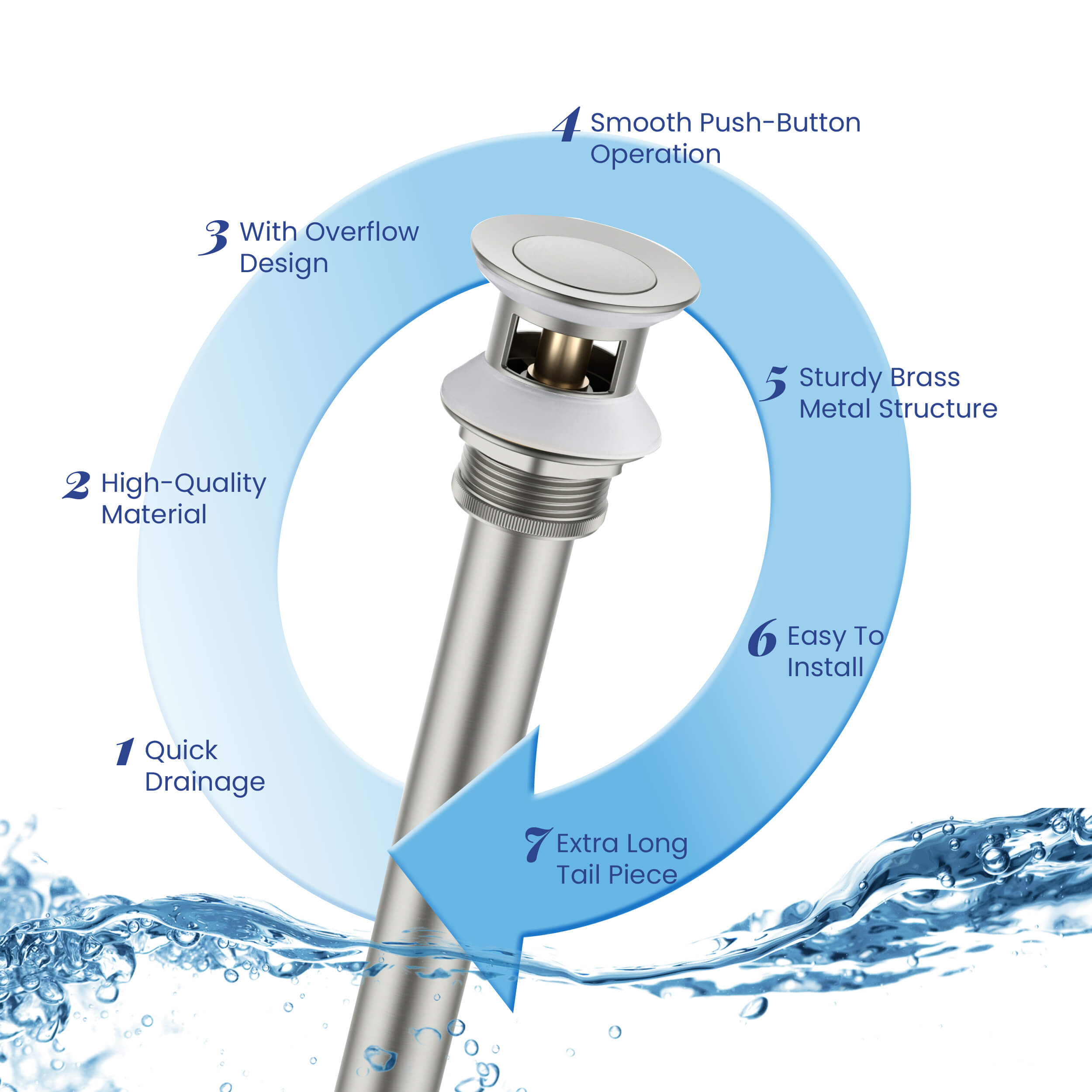 Bathroom Sink Pop Up Drain Stopper with 12" tailpiece, with Overflow KPW104
