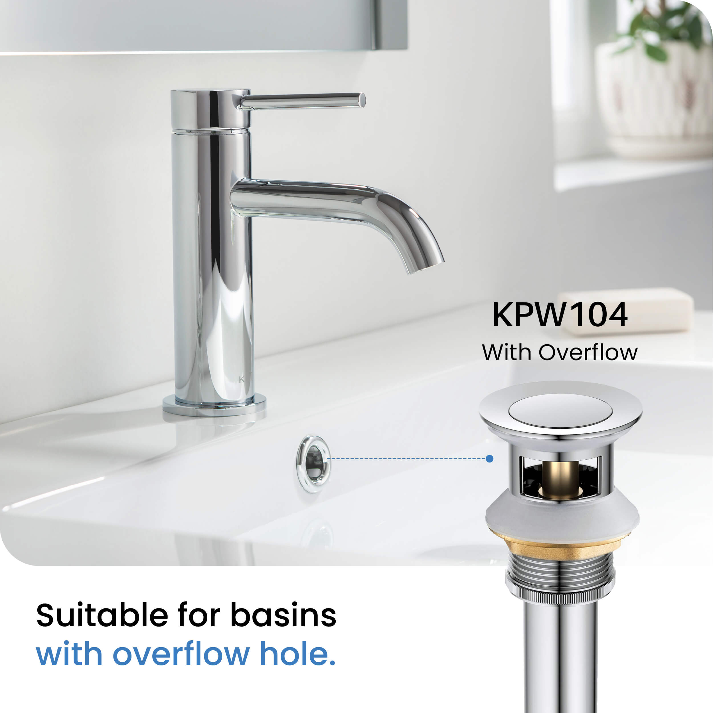 Bathroom Sink Pop Up Drain Stopper with 12" tailpiece, with Overflow KPW104