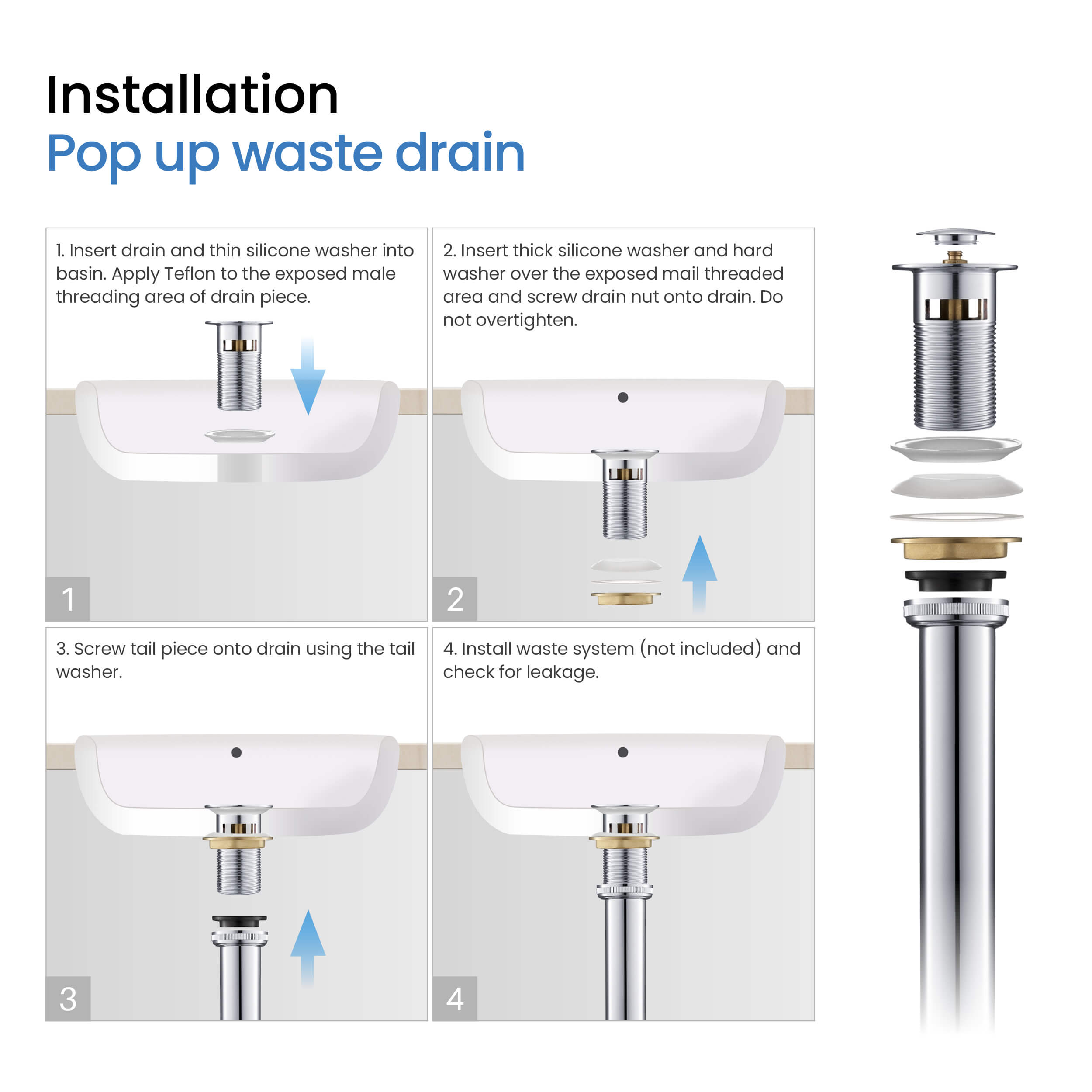 Bathroom Sink Pop Up Drain Stopper with 12" tailpiece, with Overflow KPW104