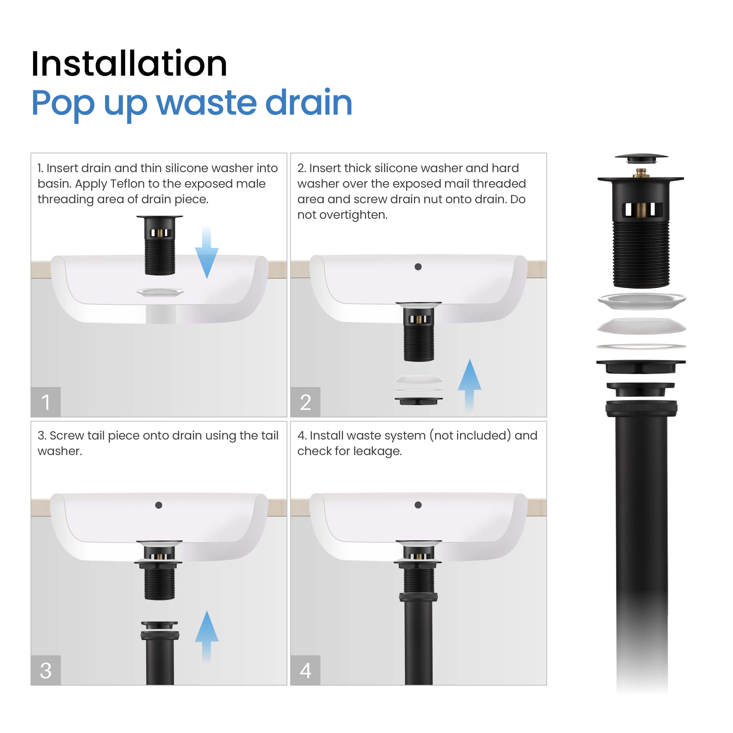 Bathroom Sink Pop Up Drain Stopper with 12" tailpiece, with Overflow KPW104