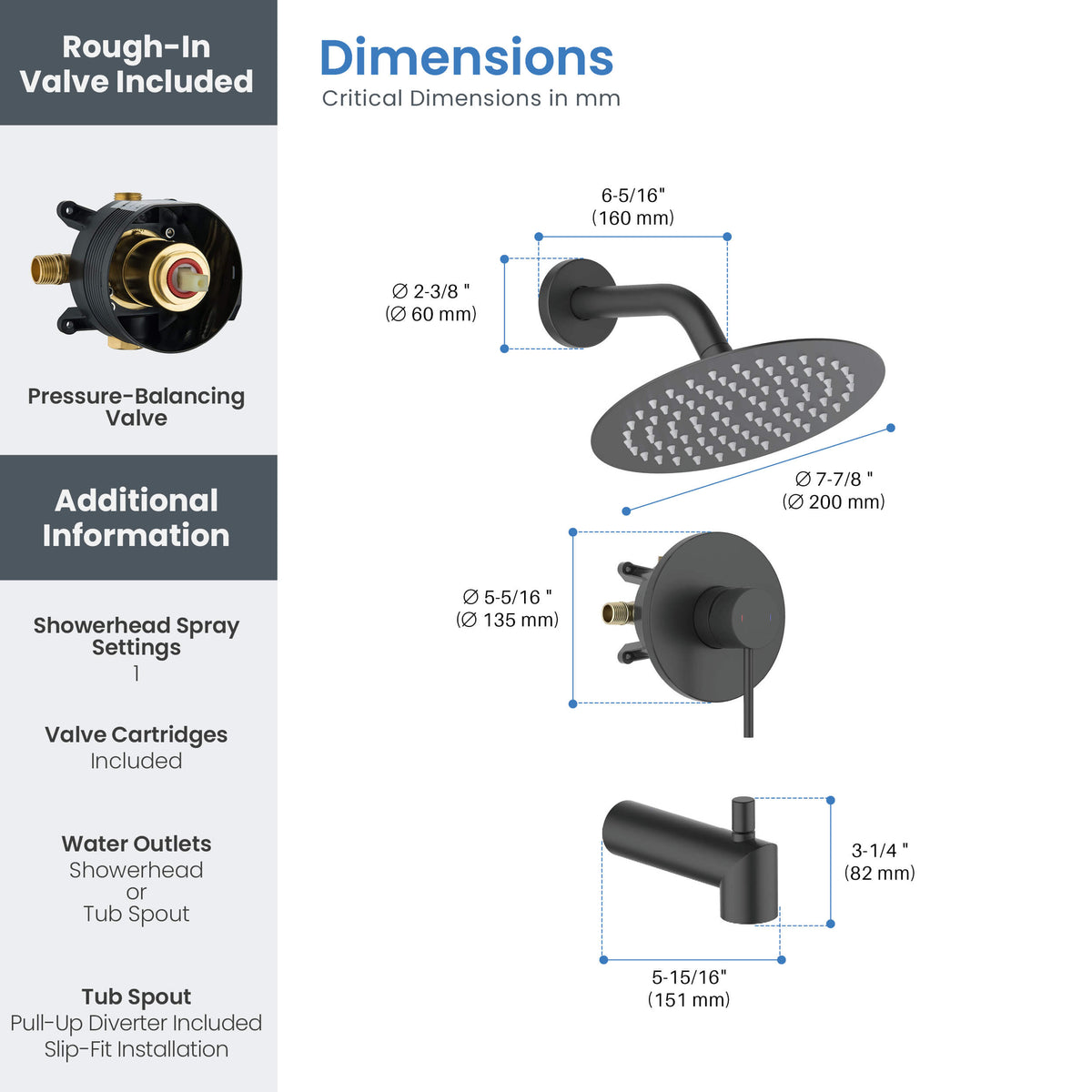 Circular Single Function Pressure Balanced Complete Shower Faucet Set with Tub Spout - KSF4016