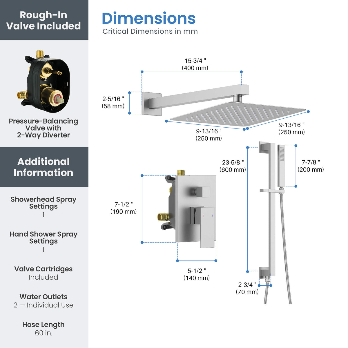 Cube 2-Function Pressure Balanced Complete Shower Faucet Set with Slide Bar - KSF4020