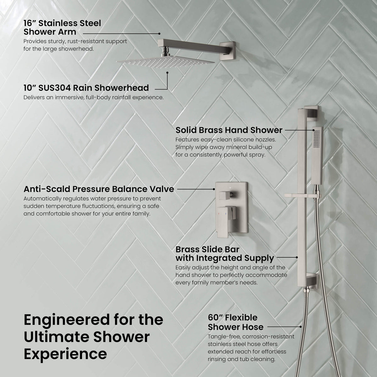 Cube 2-Function Pressure Balanced Complete Shower Faucet Set with Slide Bar - KSF4020