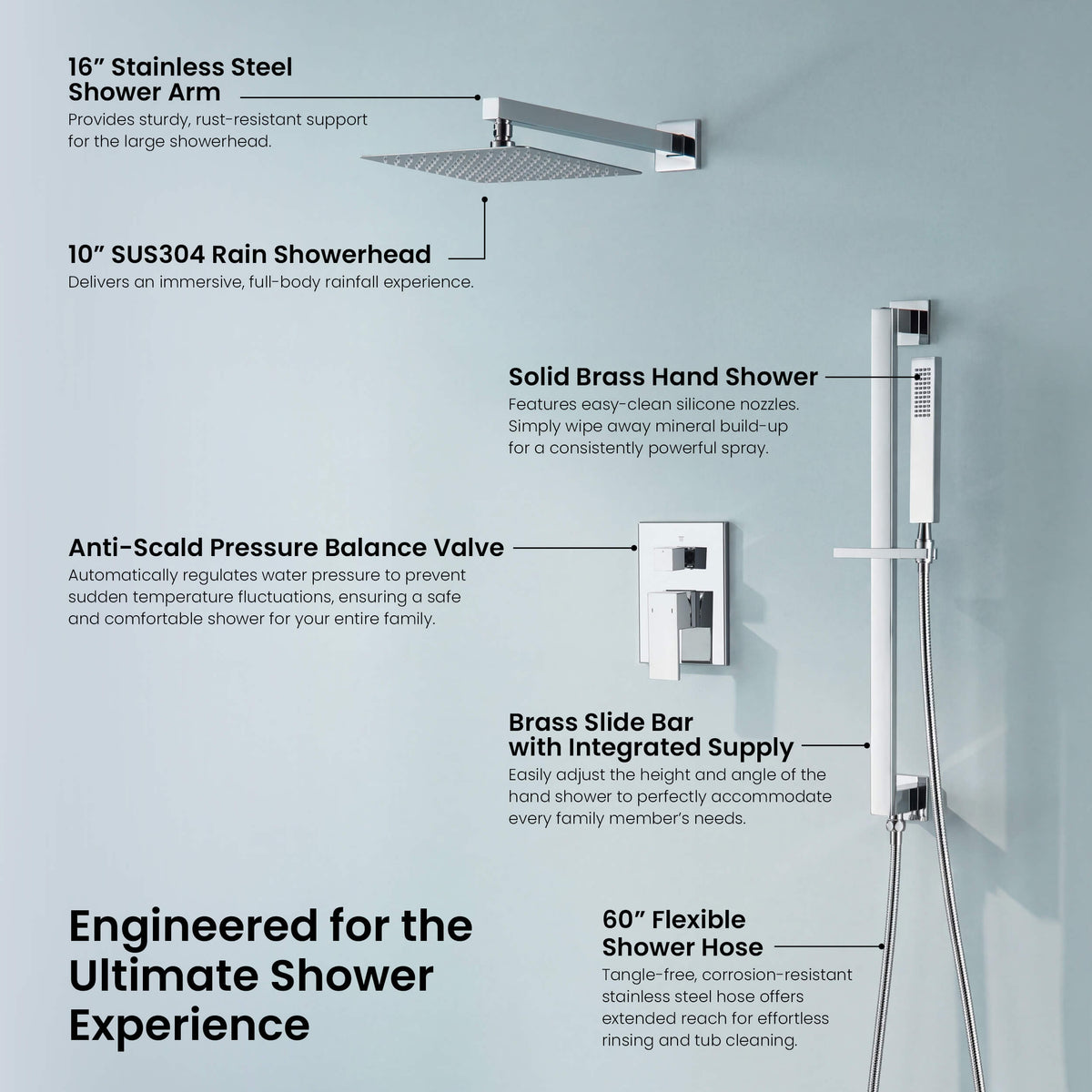 Cube 2-Function Pressure Balanced Complete Shower Faucet Set with Slide Bar - KSF4020