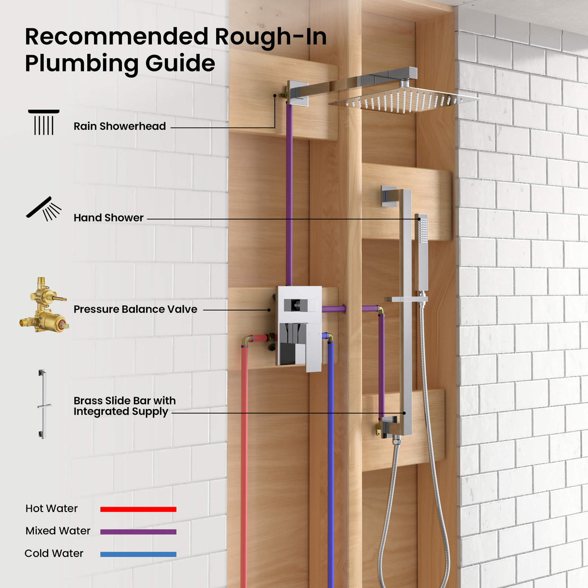 Cube 2-Function Pressure Balanced Complete Shower Faucet Set with Slide Bar - KSF4020