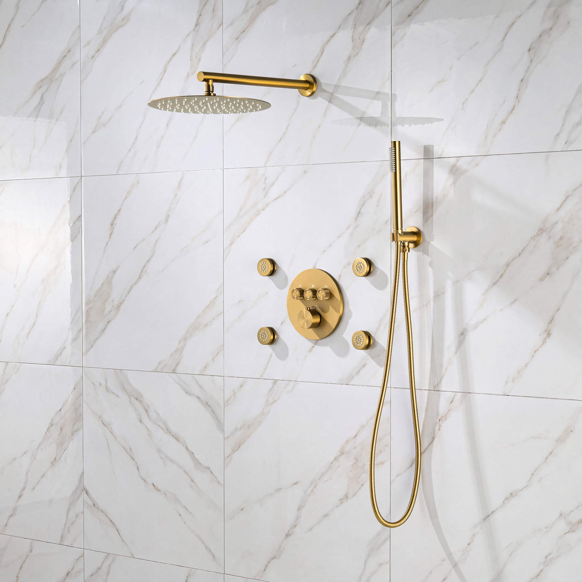 Circular 3-Function Thermostatic Complete Shower Faucet Set with Wall-Mount Rainshower, Handheld Shower, and Body Jets - KSF4025