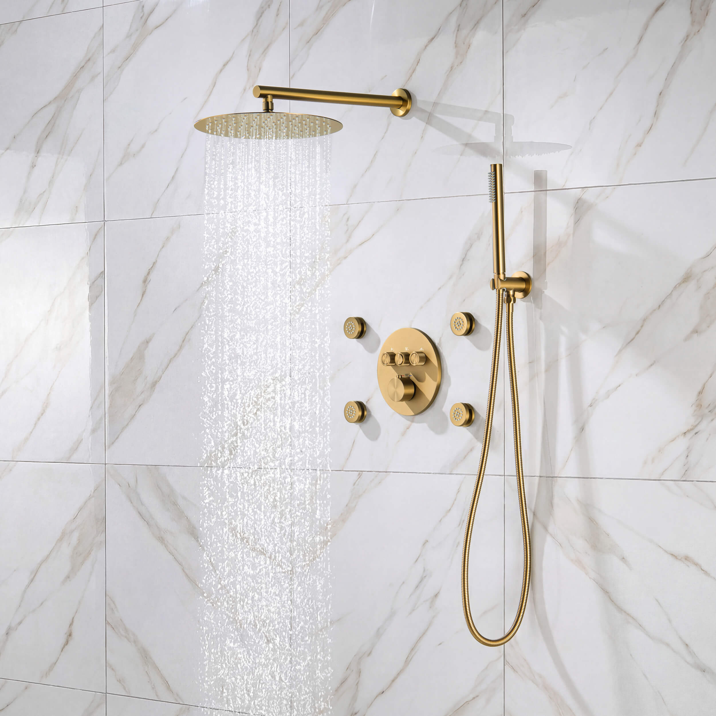 Circular 3-Function Thermostatic Complete Shower Faucet Set with Wall-Mount Rainshower, Handheld Shower, and Body Jets - KSF4025