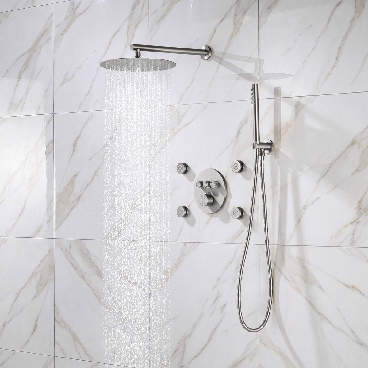 Circular 3-Function Thermostatic Complete Shower Faucet Set with Wall-Mount Rainshower, Handheld Shower, and Body Jets - KSF4025