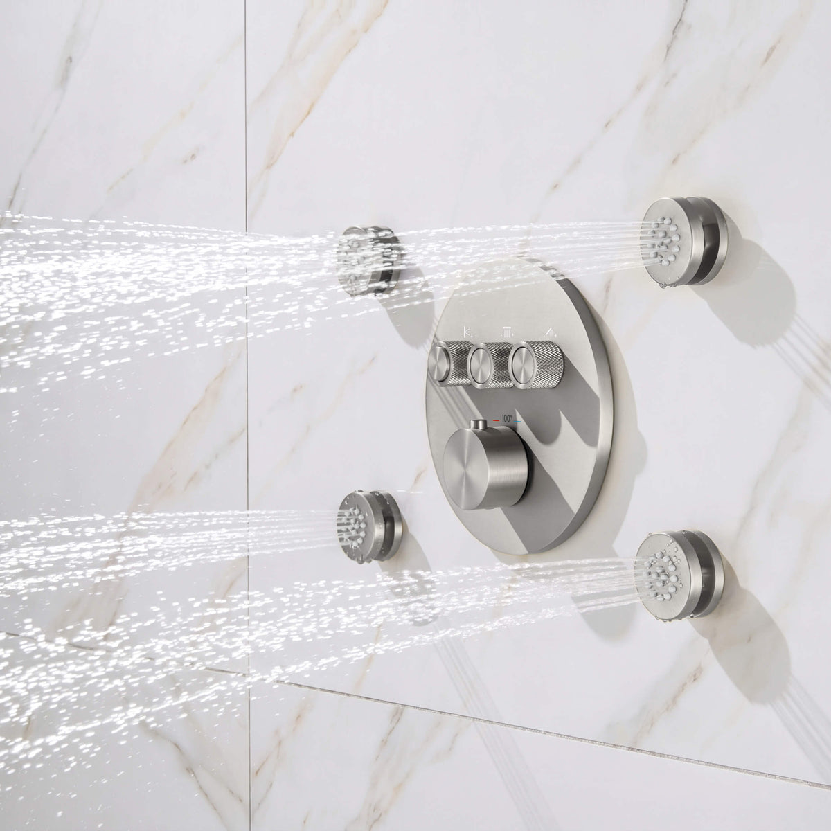 Circular 3-Function Thermostatic Complete Shower Faucet Set with Wall-Mount Rainshower, Handheld Shower, and Body Jets - KSF4025