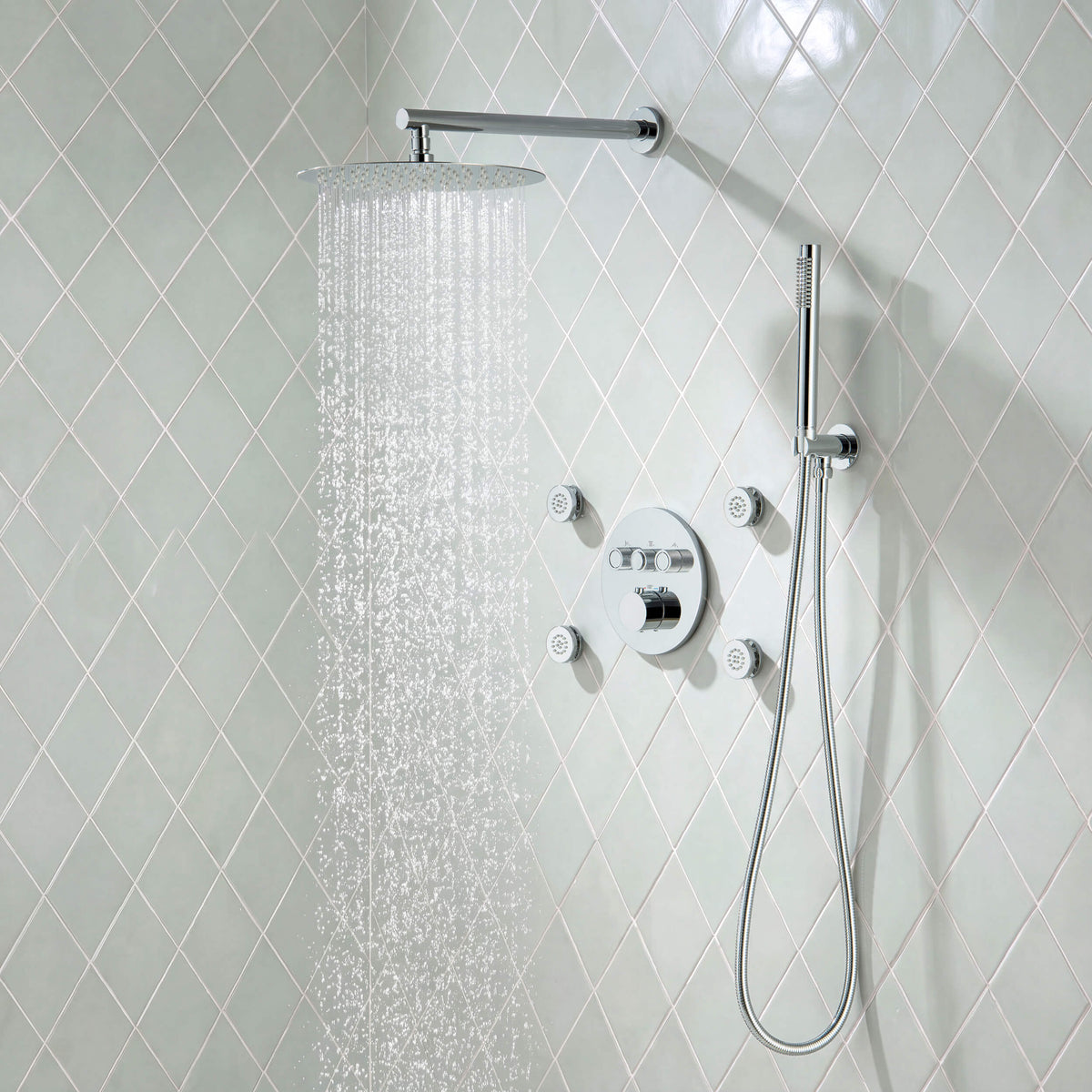 Circular 3-Function Thermostatic Complete Shower Faucet Set with Wall-Mount Rainshower, Handheld Shower, and Body Jets - KSF4025