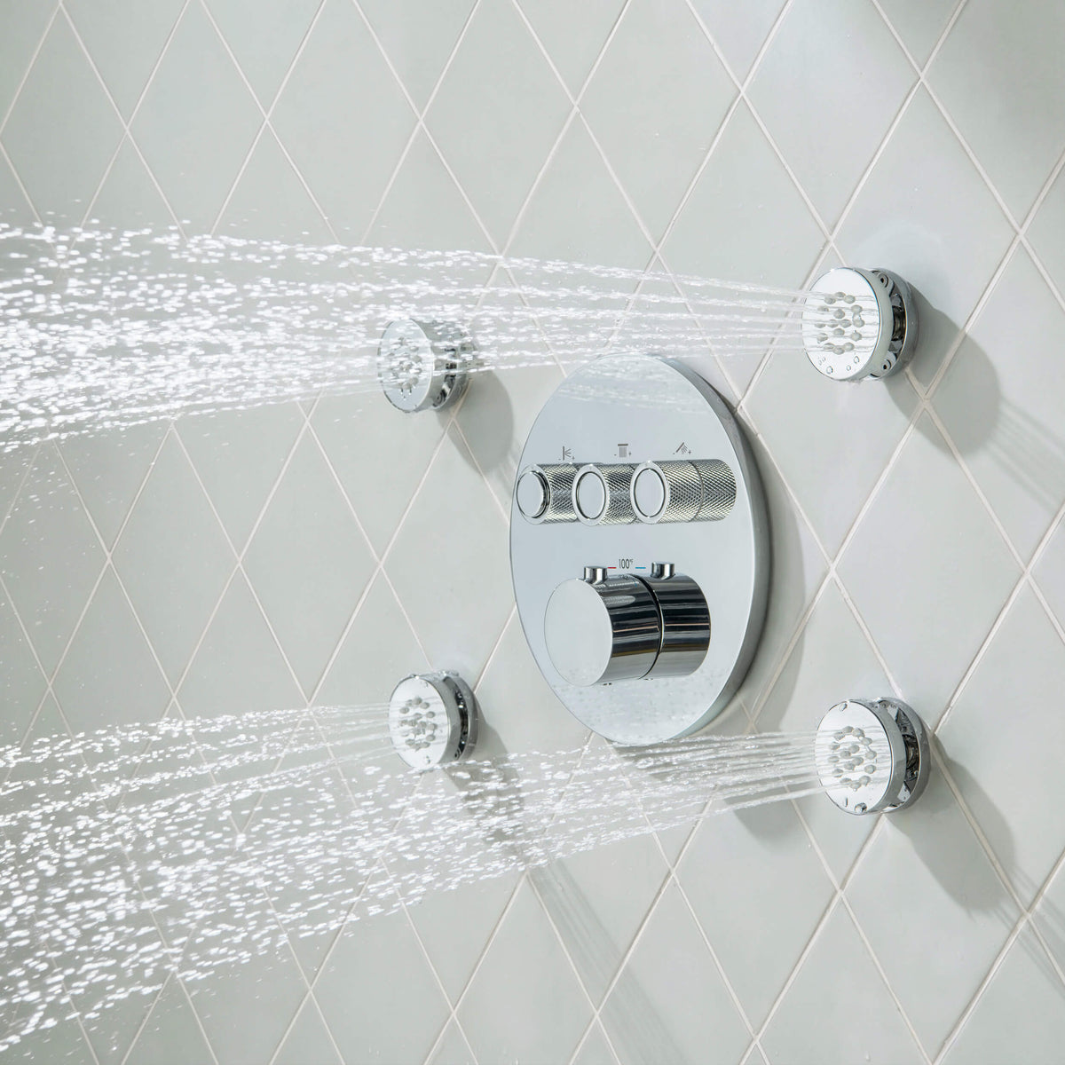 Circular 3-Function Thermostatic Complete Shower Faucet Set with Wall-Mount Rainshower, Handheld Shower, and Body Jets - KSF4025
