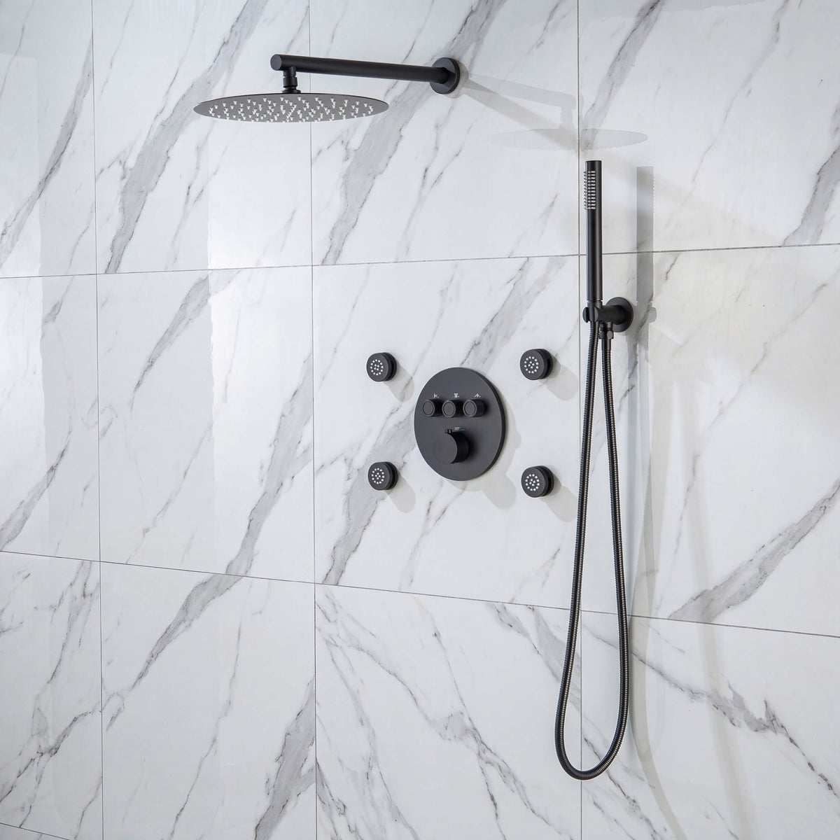 Circular 3-Function Thermostatic Complete Shower Faucet Set with Wall-Mount Rainshower, Handheld Shower, and Body Jets - KSF4025