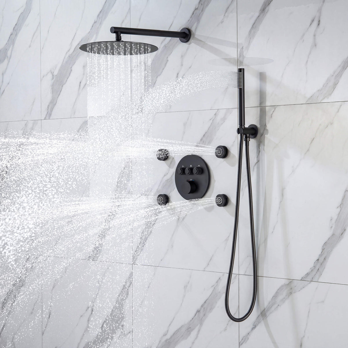 Circular 3-Function Thermostatic Complete Shower Faucet Set with Wall-Mount Rainshower, Handheld Shower, and Body Jets - KSF4025
