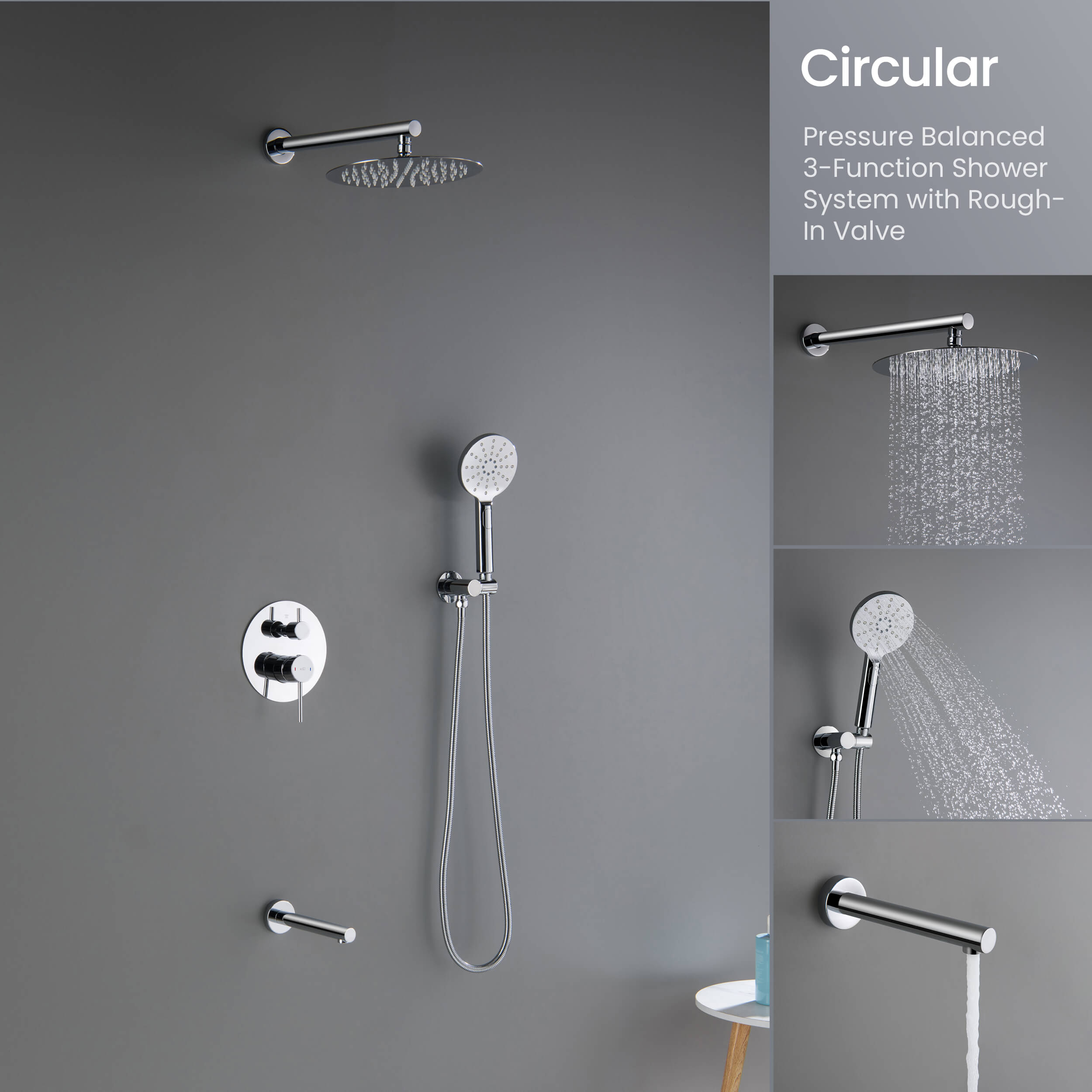 Circular Pressure Balanced 3-Function Shower System with Rough-In Valve KSF404