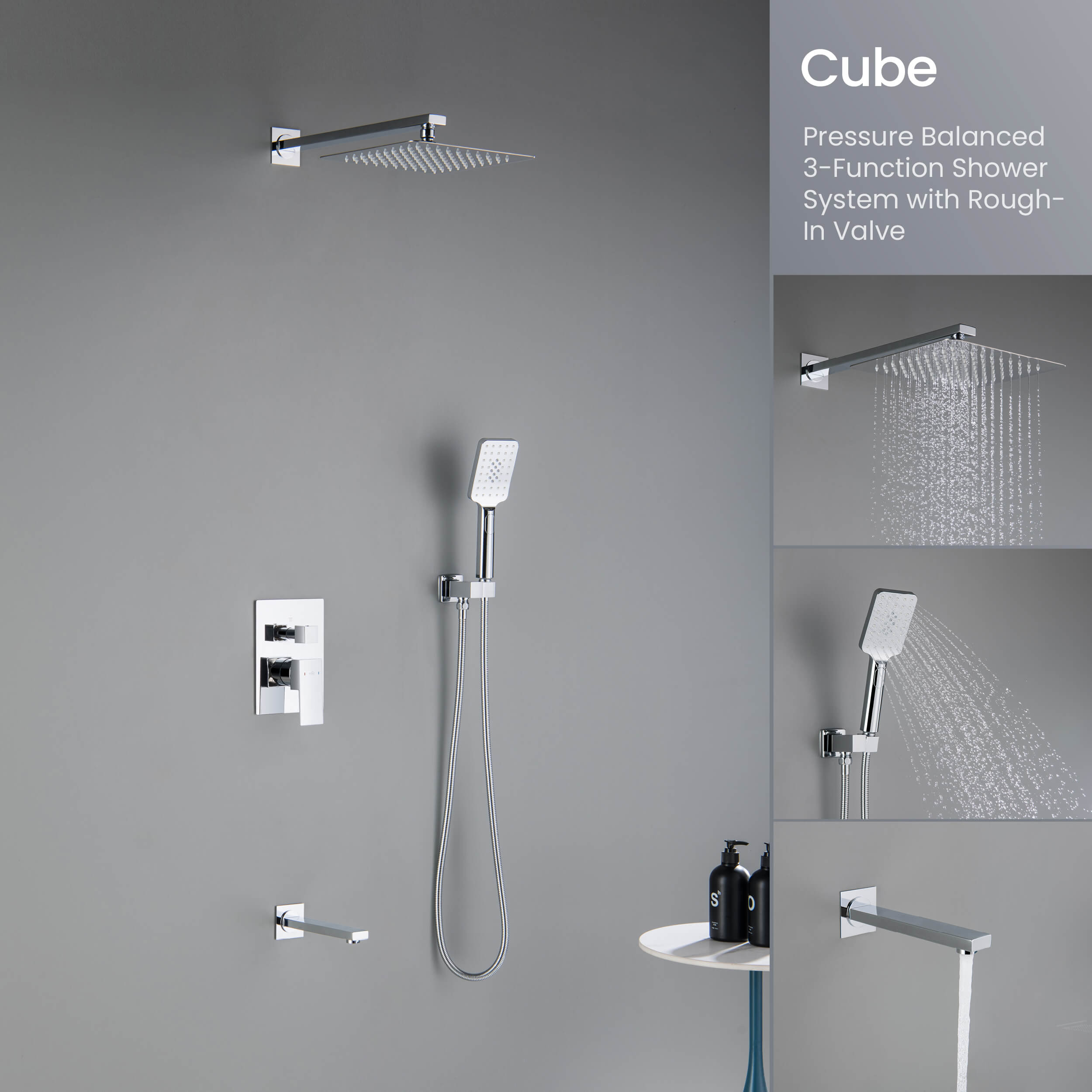 Cube Pressure Balanced 3-Function Shower System with Rough-In Valve KSF406