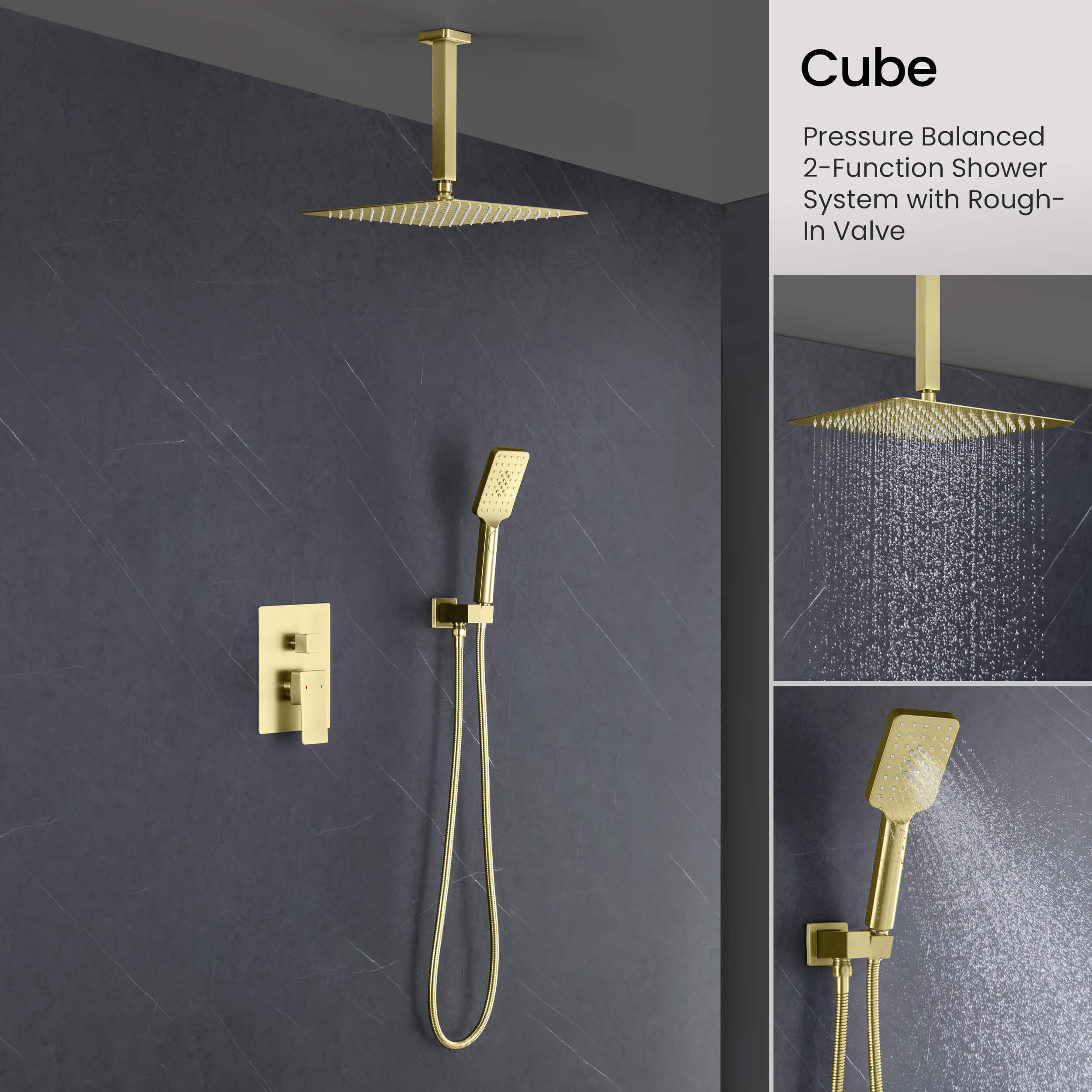 Cube Pressure Balanced Ceiling Mounted 2-Function Shower System with Rough In Valve - KSF412