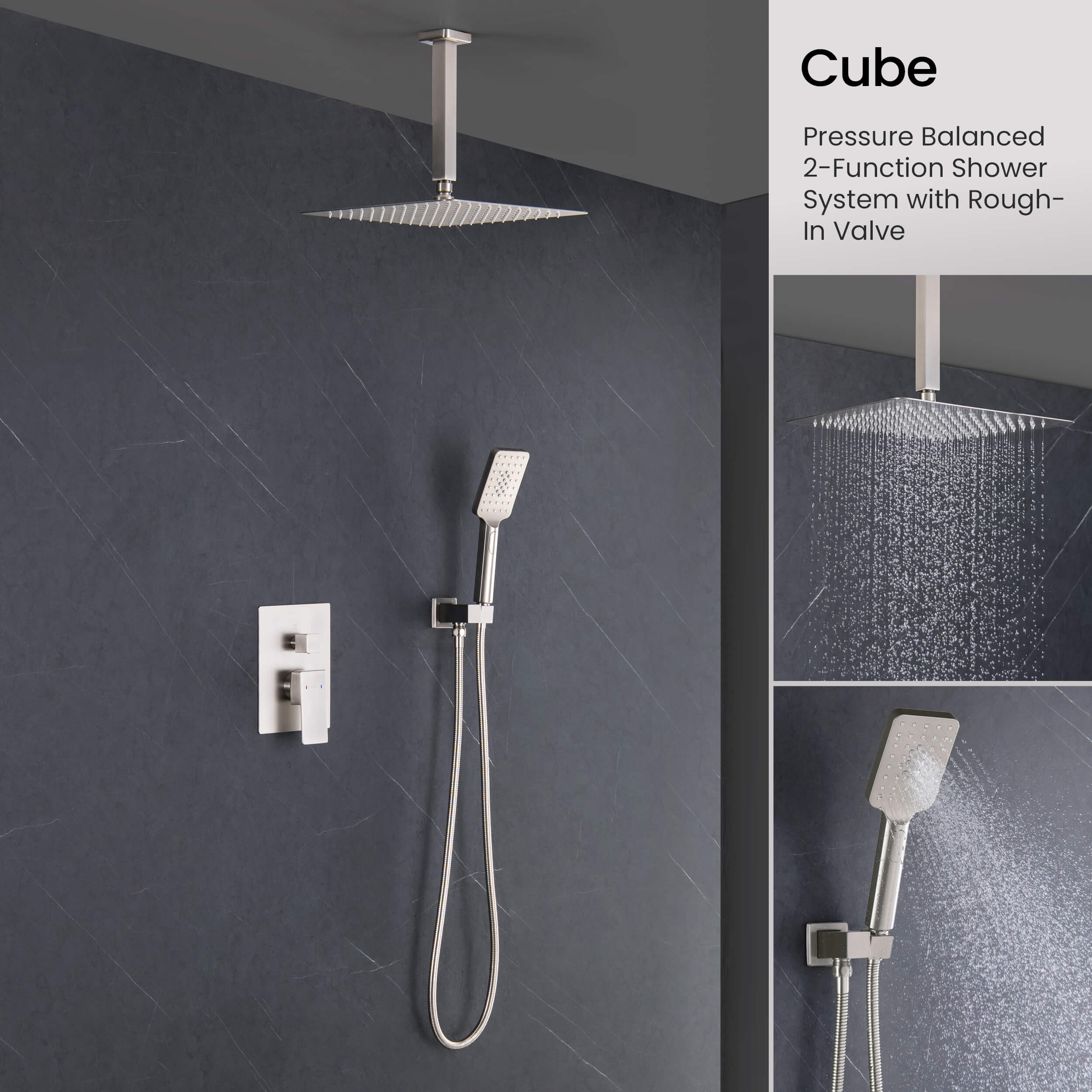 Cube Pressure Balanced Ceiling Mounted 2-Function Shower System with Rough In Valve - KSF412