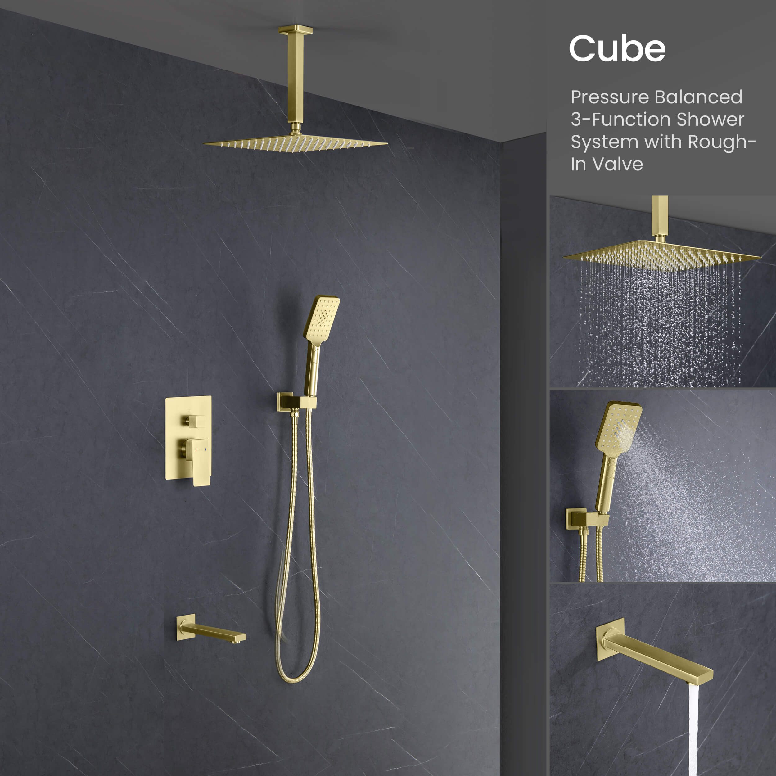 Cube Pressure Balanced Ceiling Mounted 3-Function Shower System with Rough In Valve - KSF413